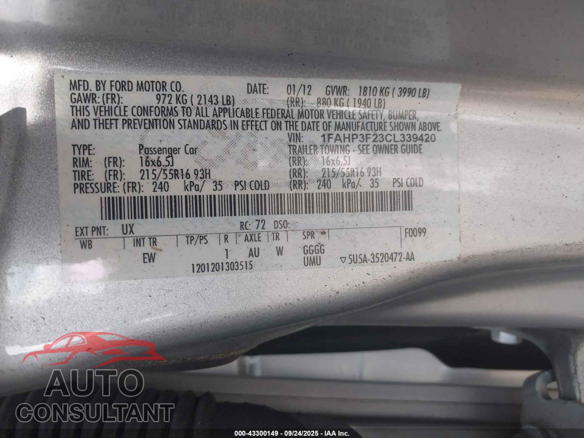FORD FOCUS 2012 - 1FAHP3F23CL339420