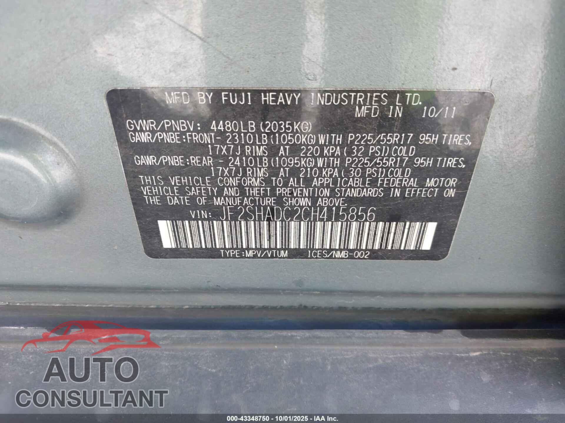 SUBARU FORESTER 2012 - JF2SHADC2CH415856