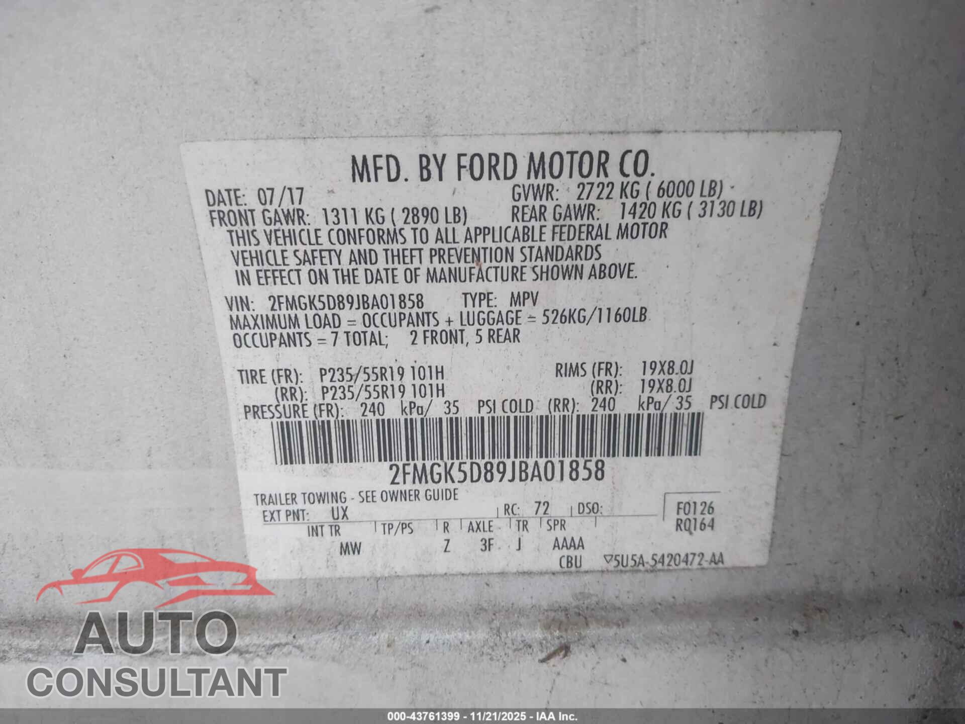 FORD FLEX 2018 - 2FMGK5D89JBA01858