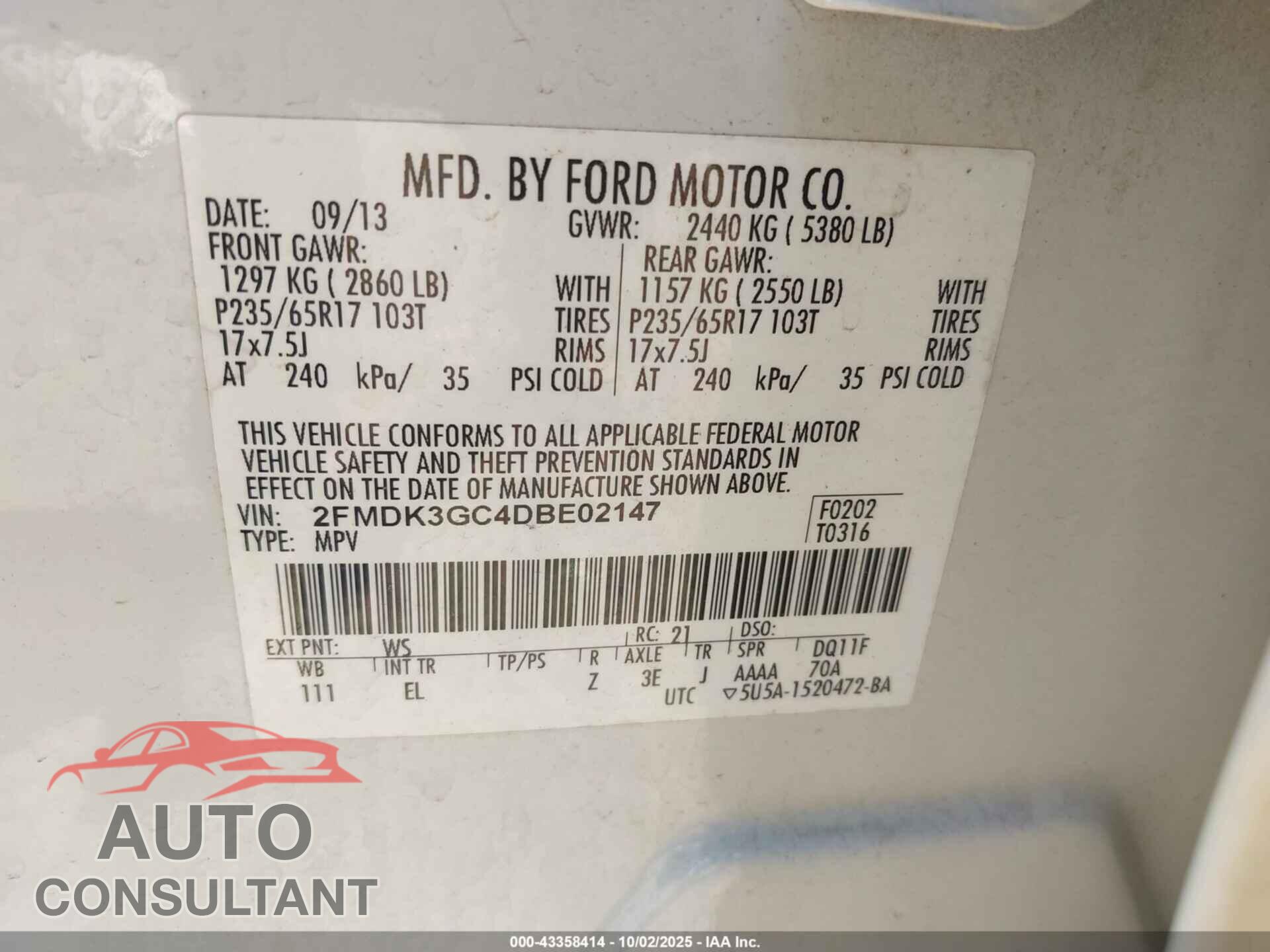 FORD EDGE 2013 - 2FMDK3GC4DBE02147