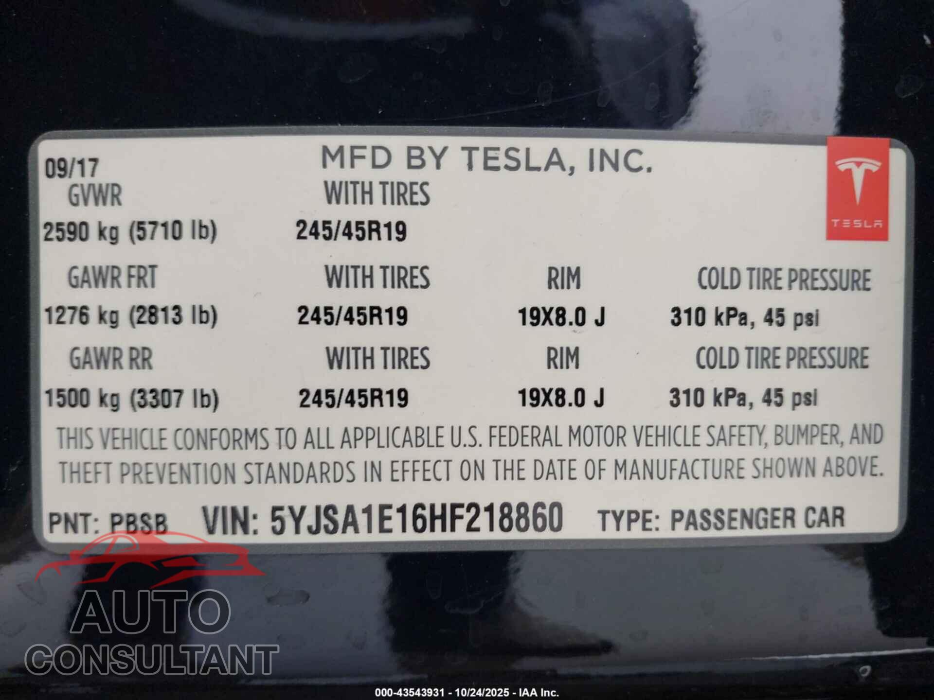 TESLA MODEL S 2017 - 5YJSA1E16HF218860