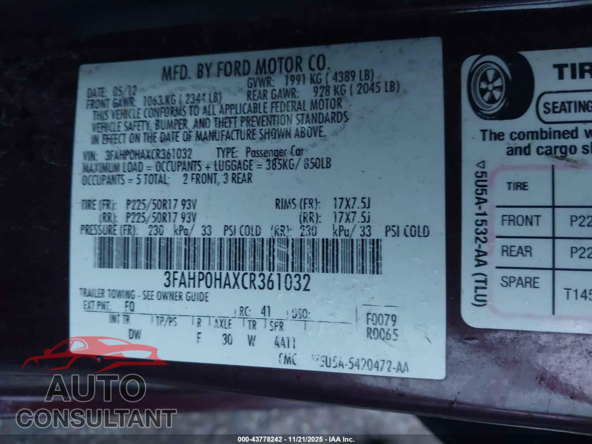 FORD FUSION 2012 - 3FAHP0HAXCR361032