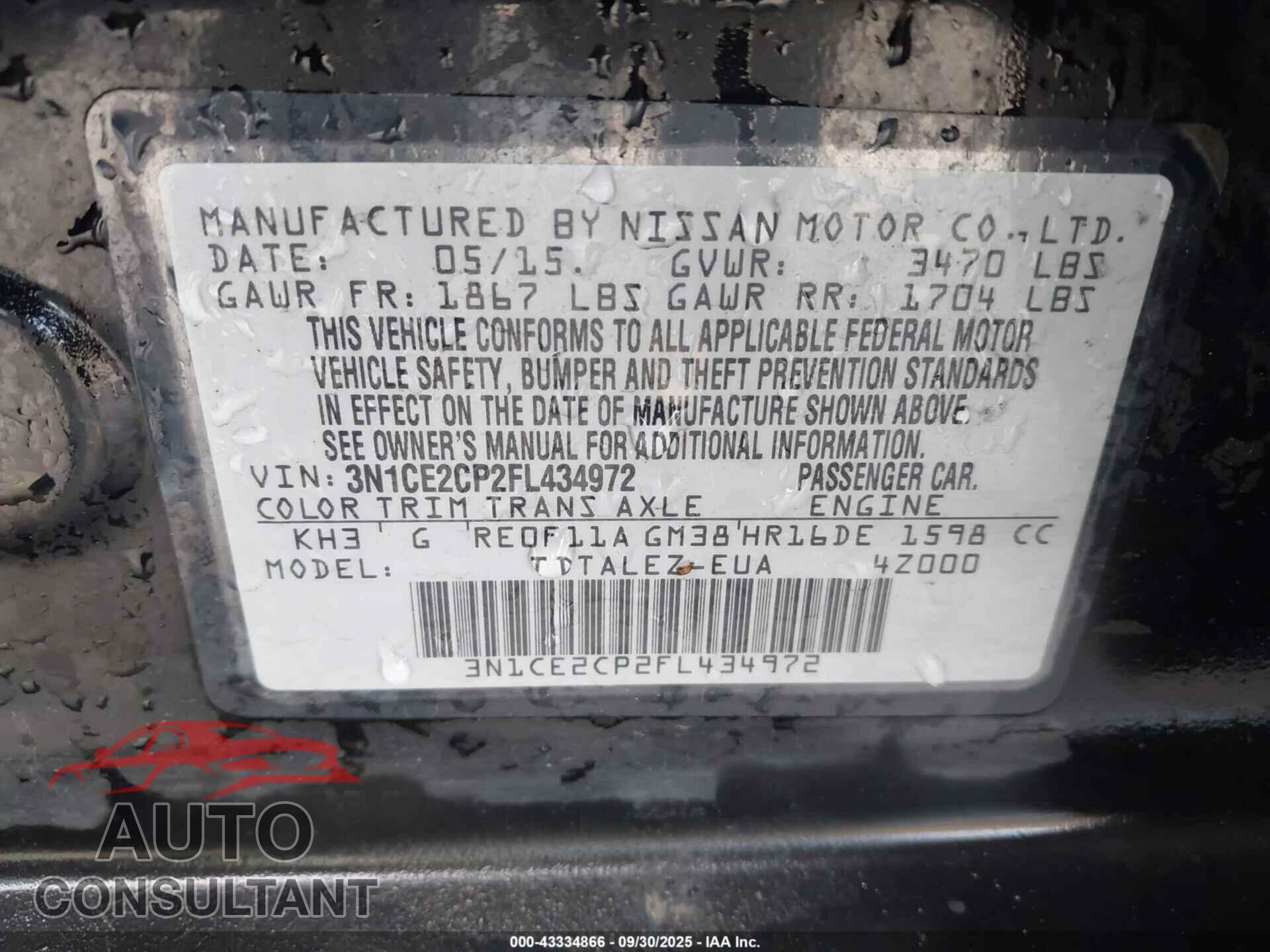 NISSAN VERSA NOTE 2015 - 3N1CE2CP2FL434972
