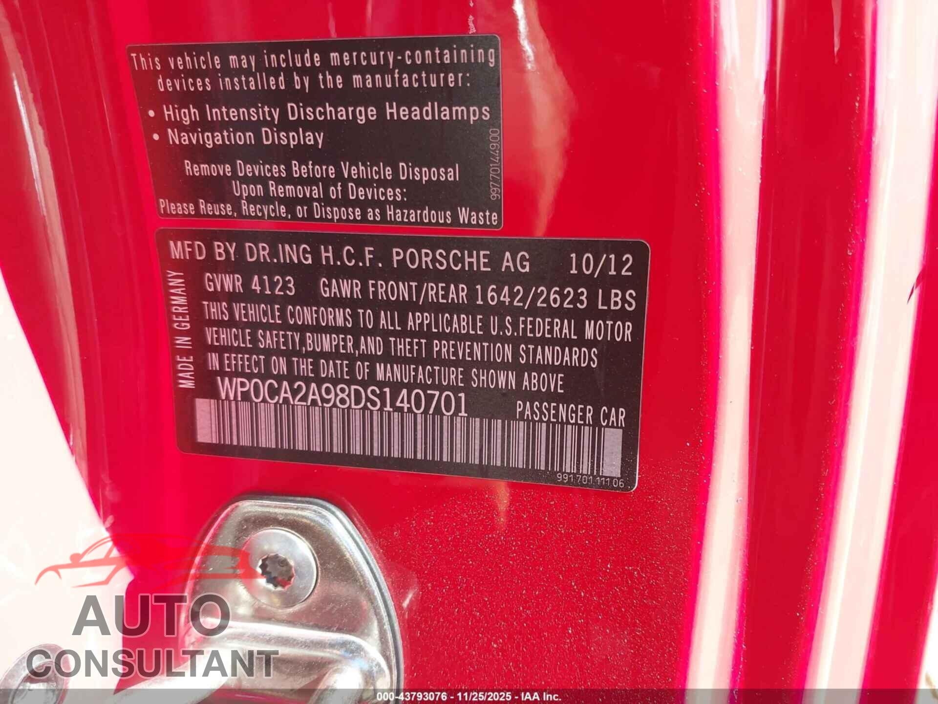 PORSCHE 911 2013 - WP0CA2A98DS140701