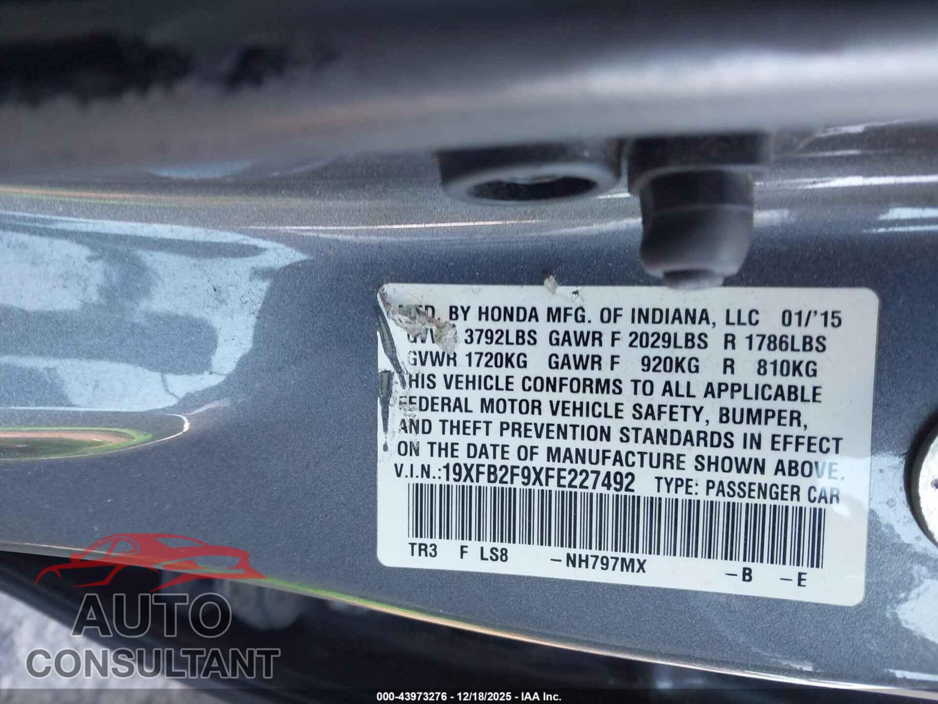 HONDA CIVIC 2015 - 19XFB2F9XFE227492