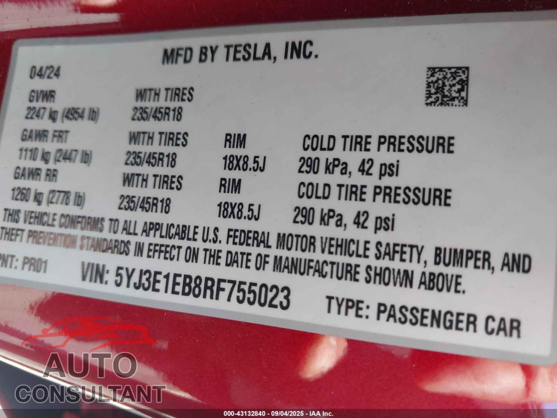 TESLA MODEL 3 2024 - 5YJ3E1EB8RF755023