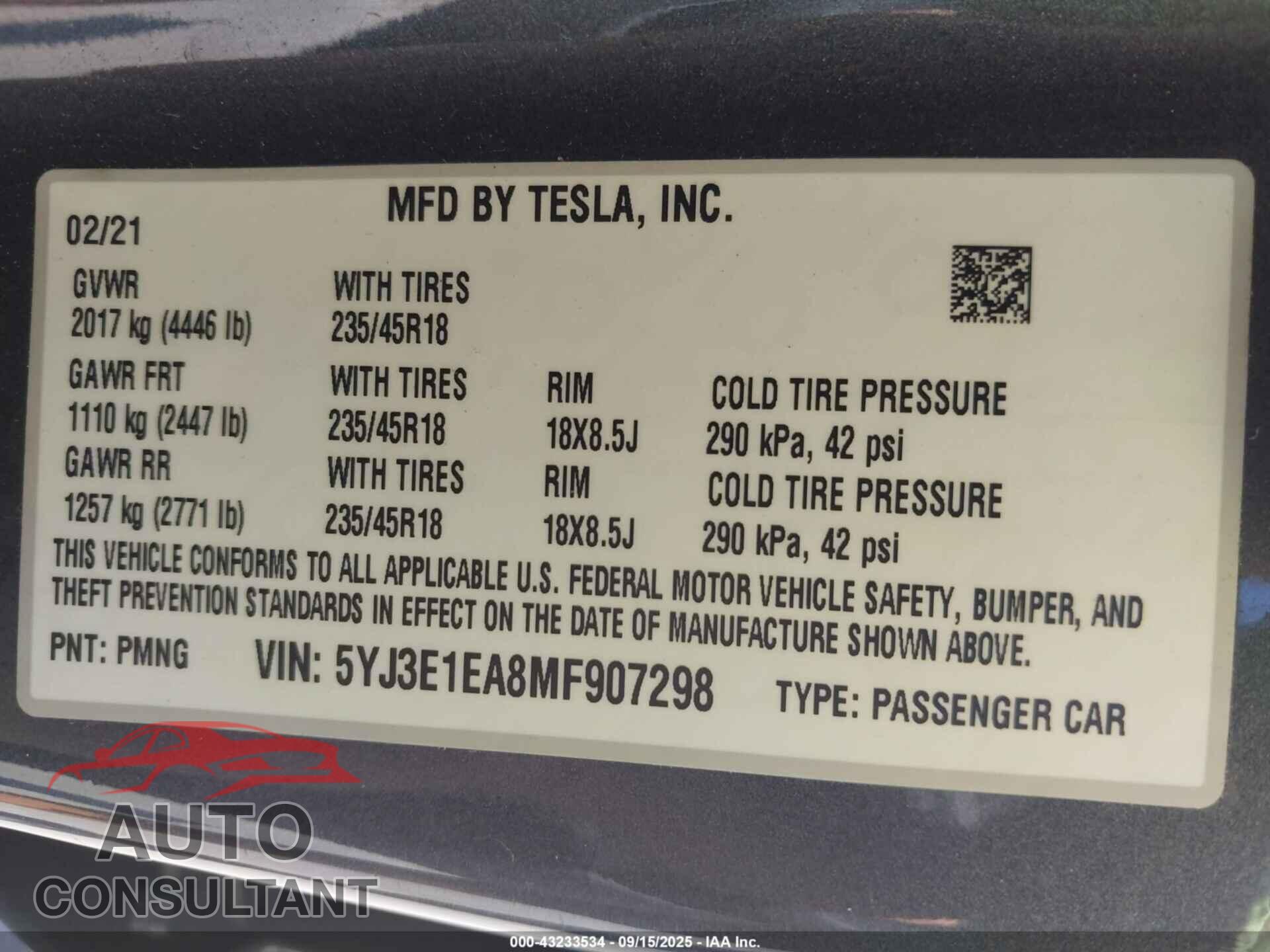 TESLA MODEL 3 2021 - 5YJ3E1EA8MF907298