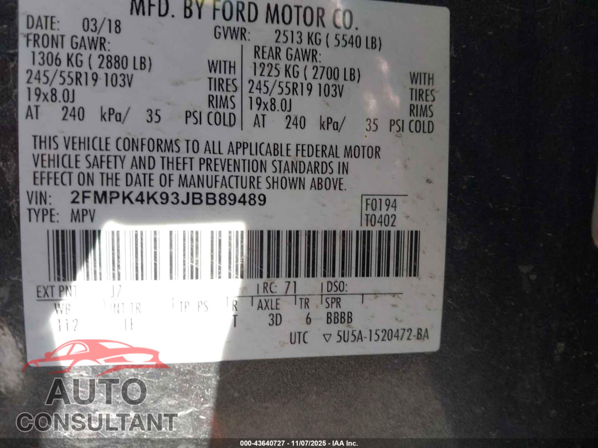 FORD EDGE 2018 - 2FMPK4K93JBB89489