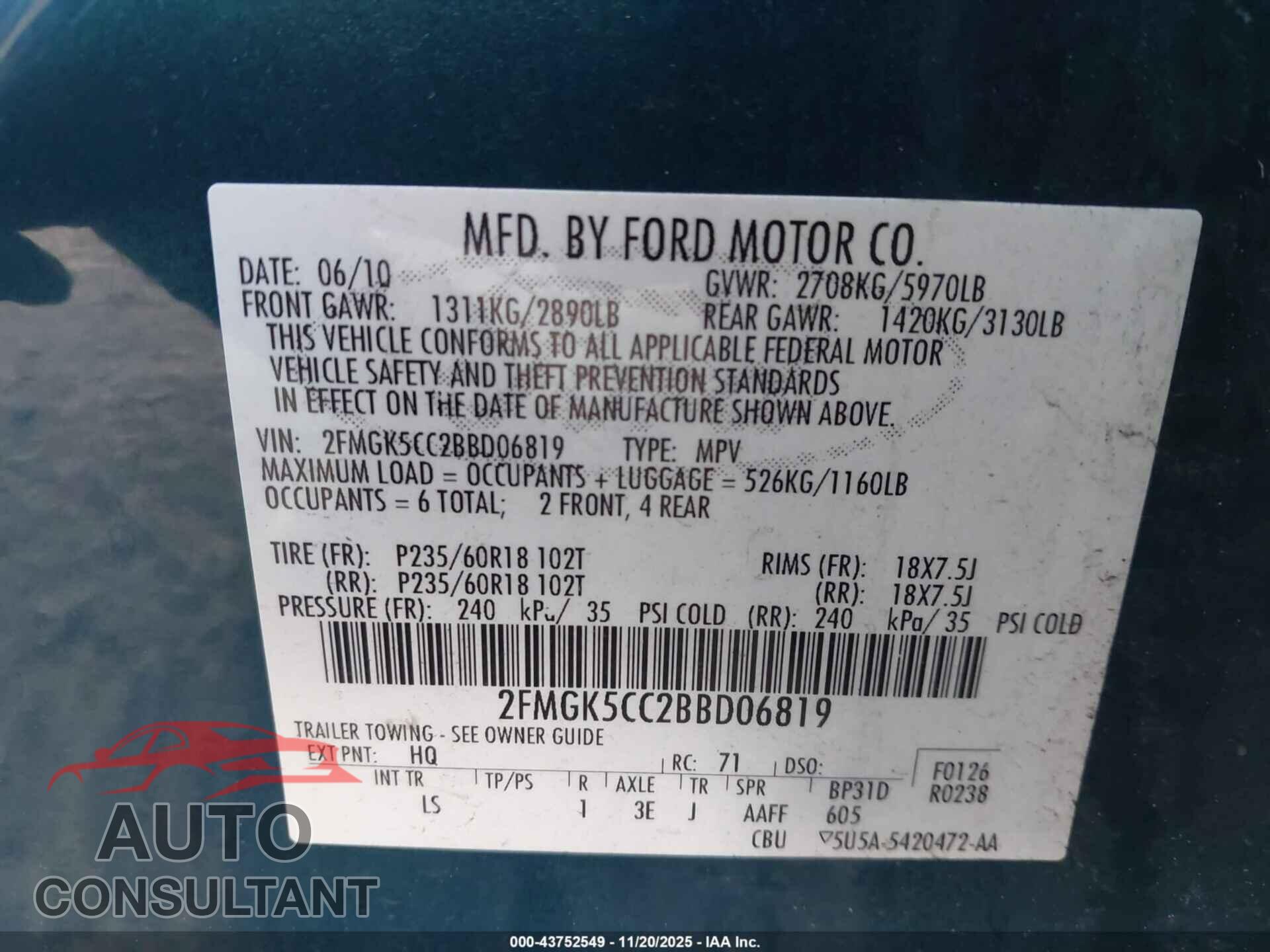 FORD FLEX 2011 - 2FMGK5CC2BBD06819