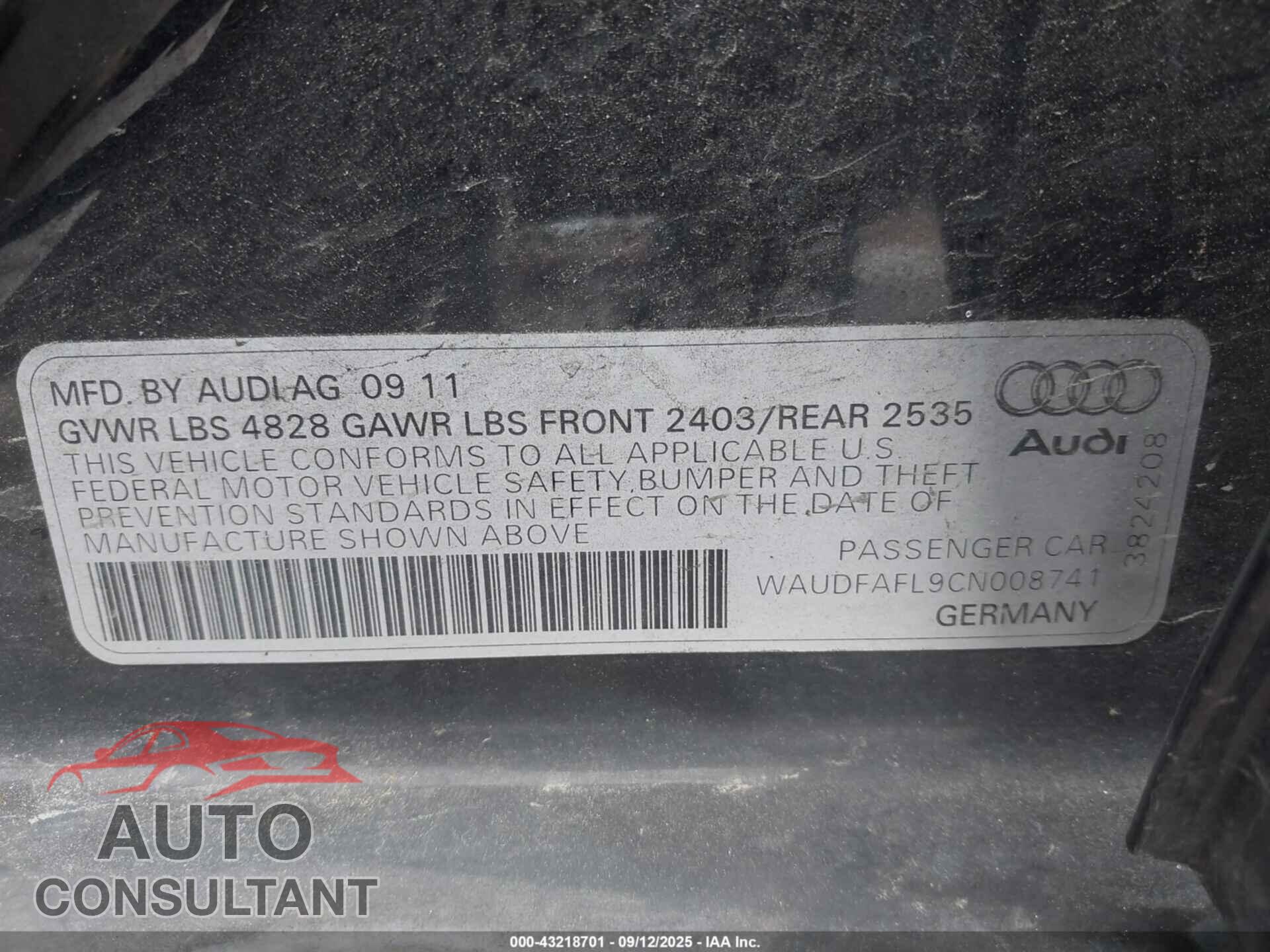 AUDI A4 2012 - WAUDFAFL9CN008741