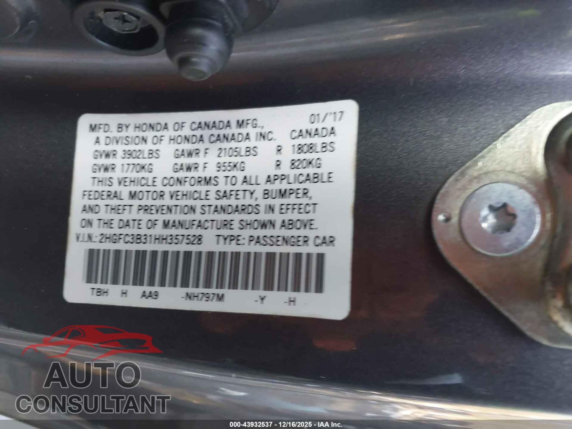 HONDA CIVIC 2017 - 2HGFC3B31HH357528