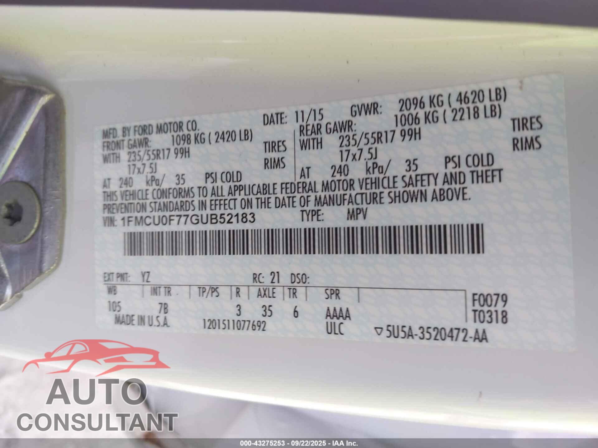 FORD ESCAPE 2016 - 1FMCU0F77GUB52183