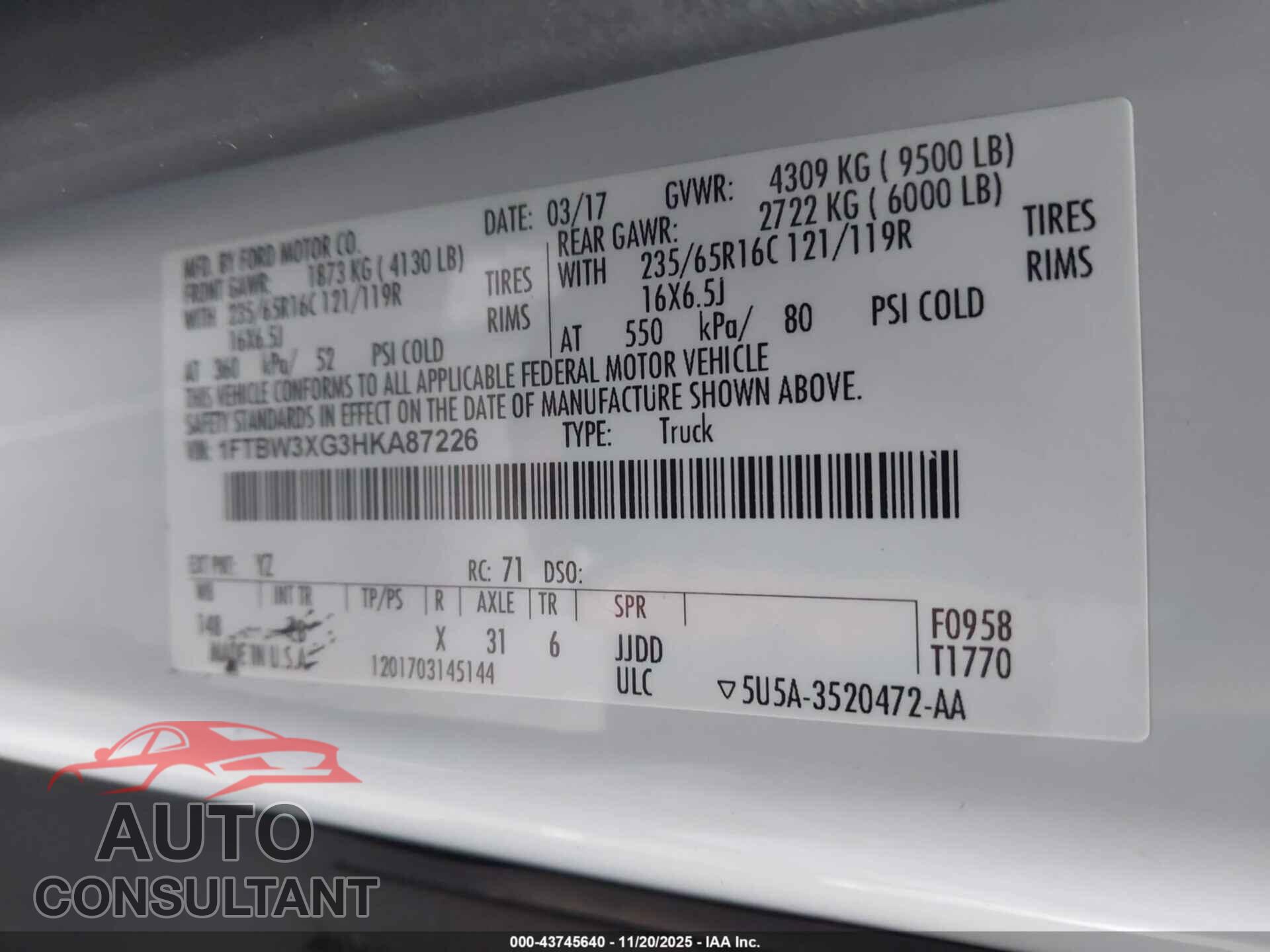 FORD TRANSIT-350 2017 - 1FTBW3XG3HKA87226