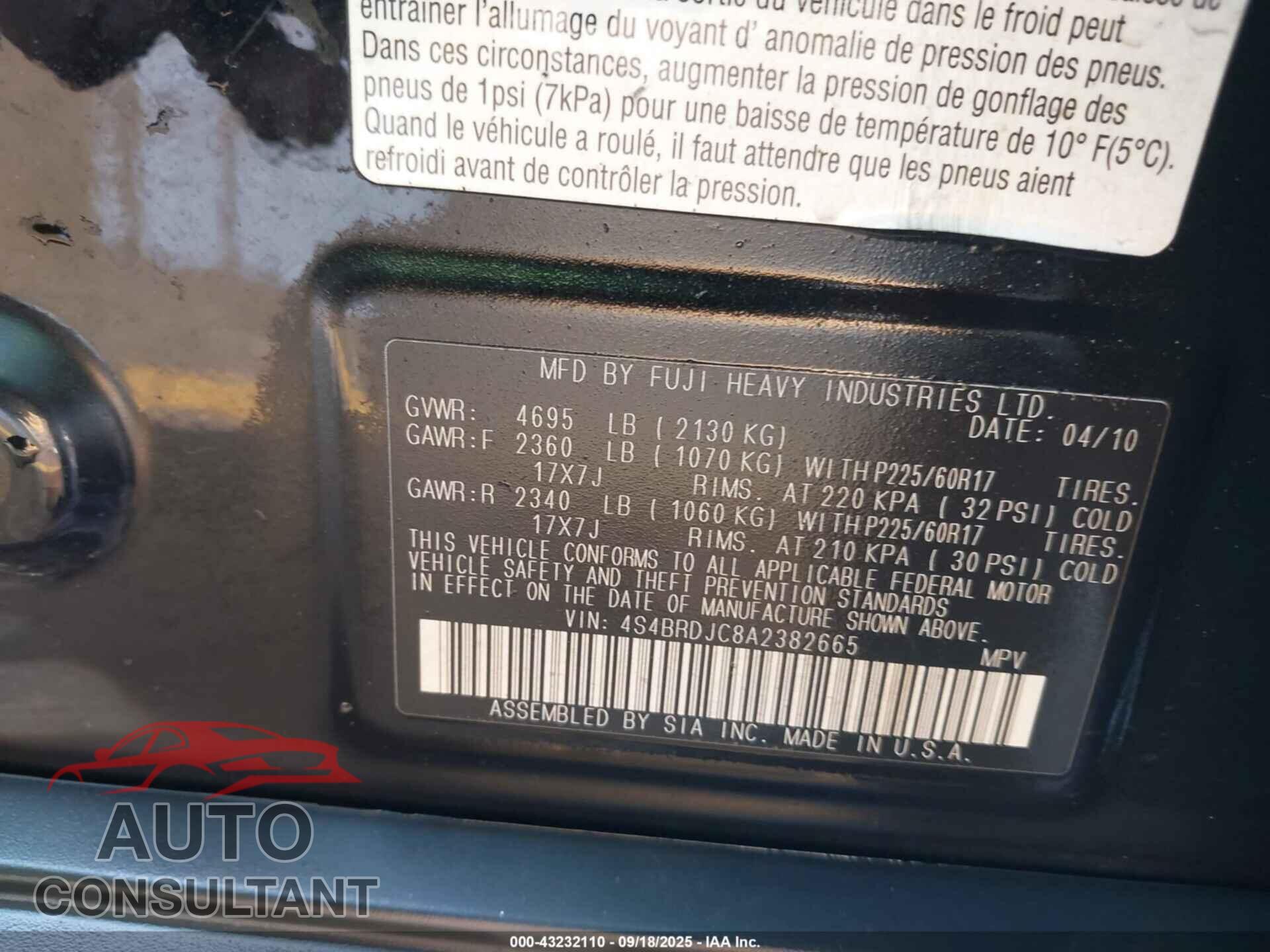SUBARU OUTBACK 2010 - 4S4BRDJC8A2382665