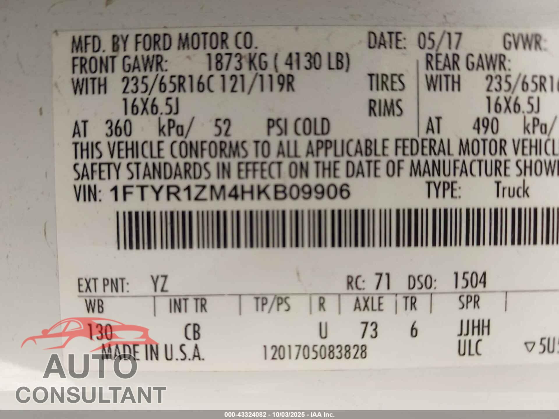 FORD TRANSIT 2017 - 1FTYR1ZM4HKB09906