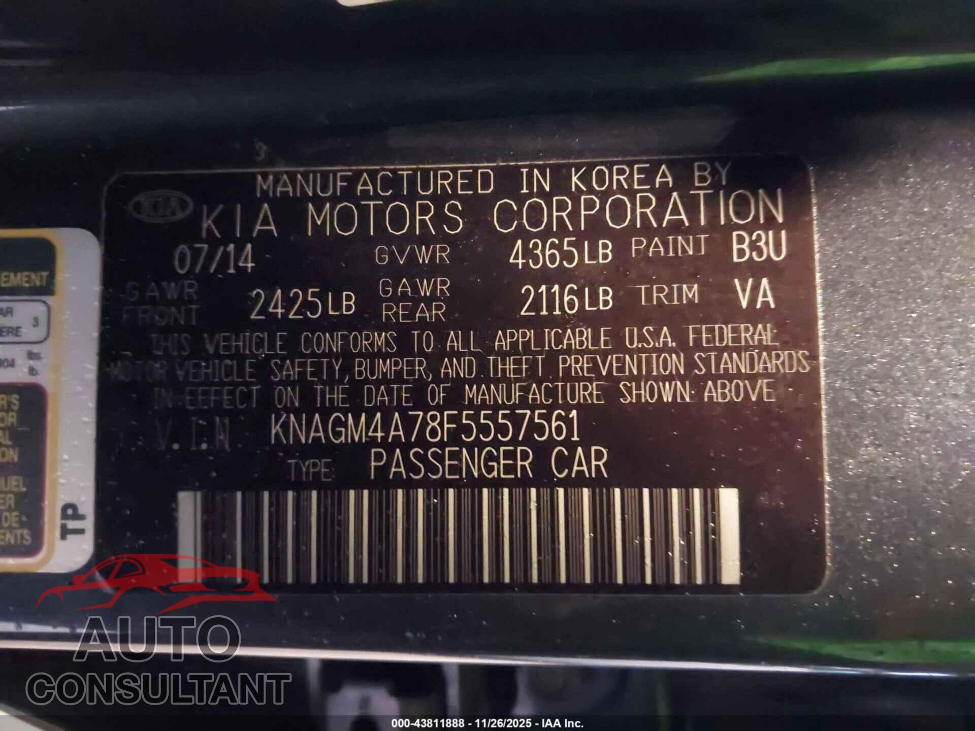 KIA OPTIMA 2015 - KNAGM4A78F5557561