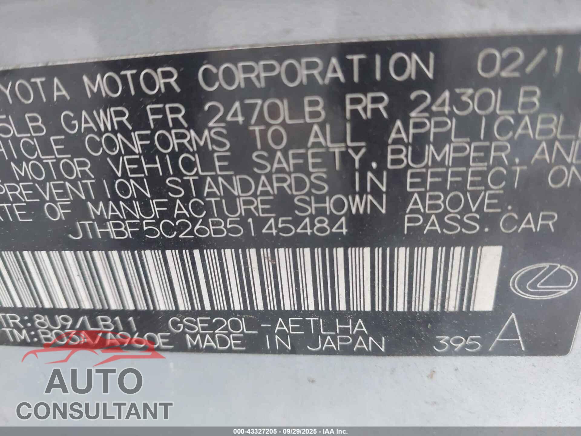 LEXUS IS 250 2011 - JTHBF5C26B5145484