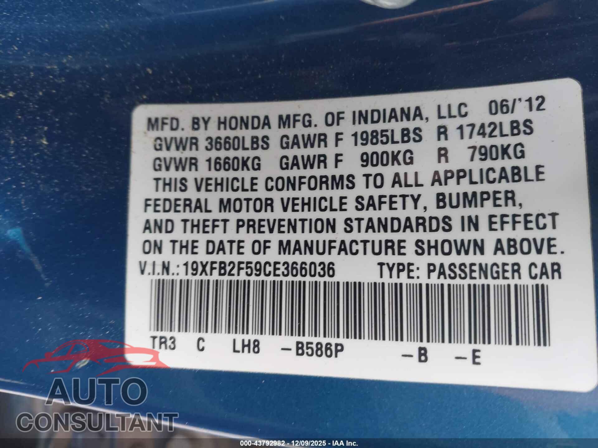 HONDA CIVIC 2012 - 19XFB2F59CE366036