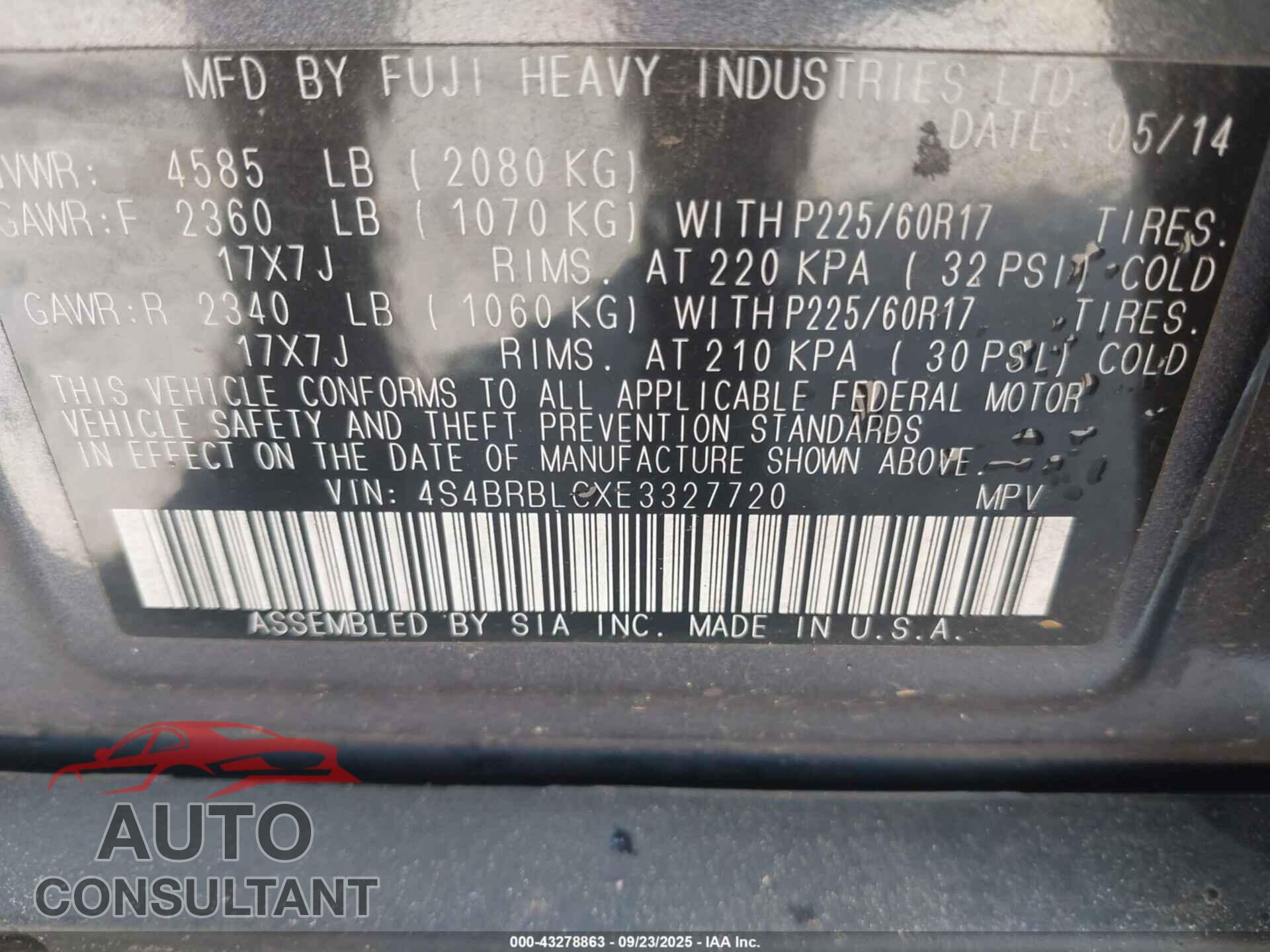SUBARU OUTBACK 2014 - 4S4BRBLCXE3327720