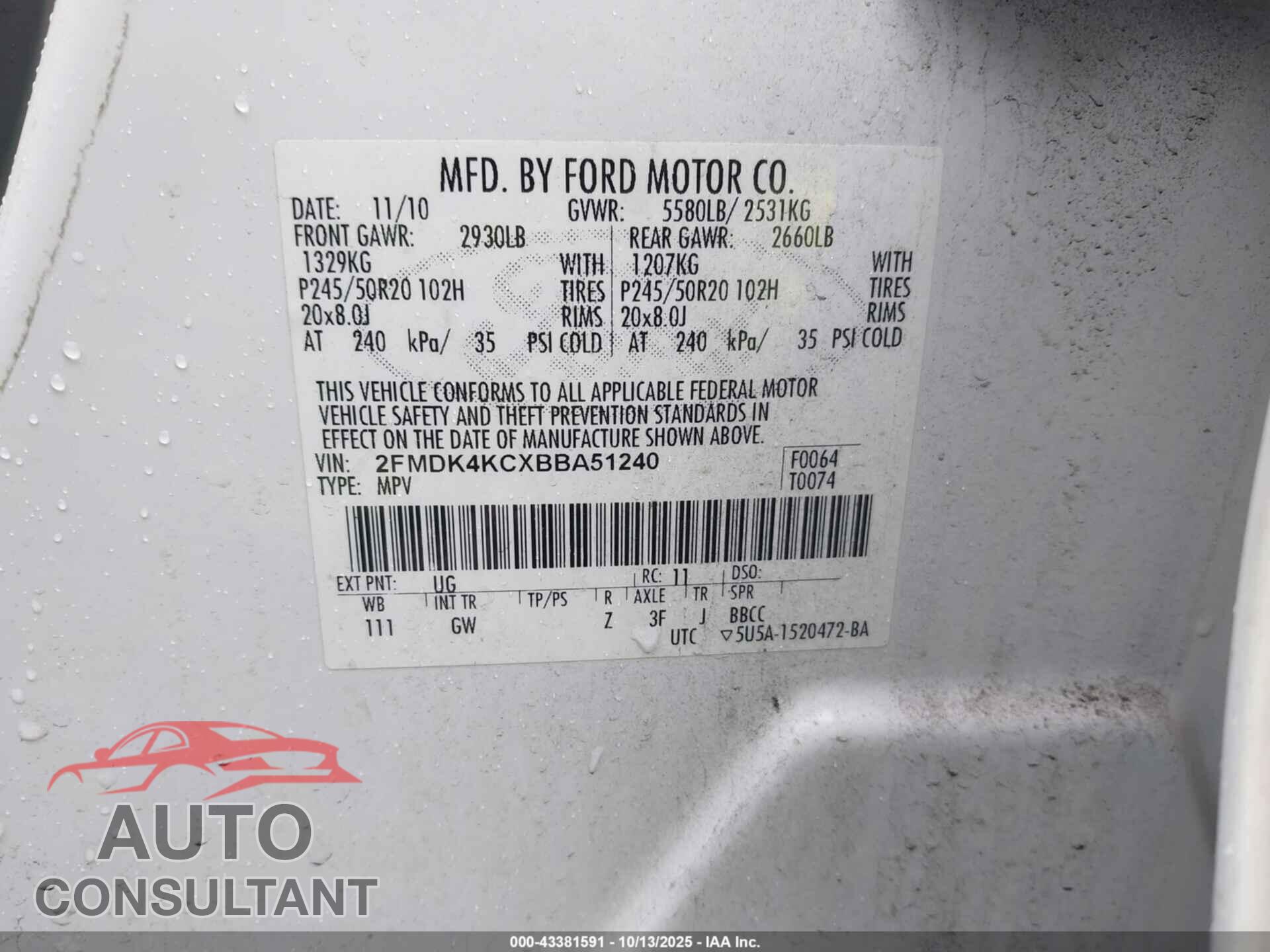 FORD EDGE 2011 - 2FMDK4KCXBBA51240