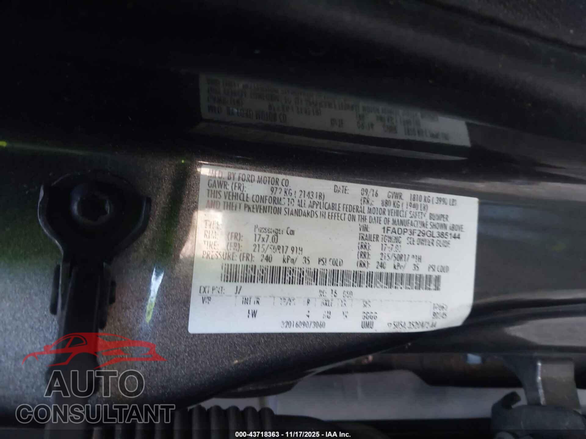 FORD FOCUS 2016 - 1FADP3F29GL385144