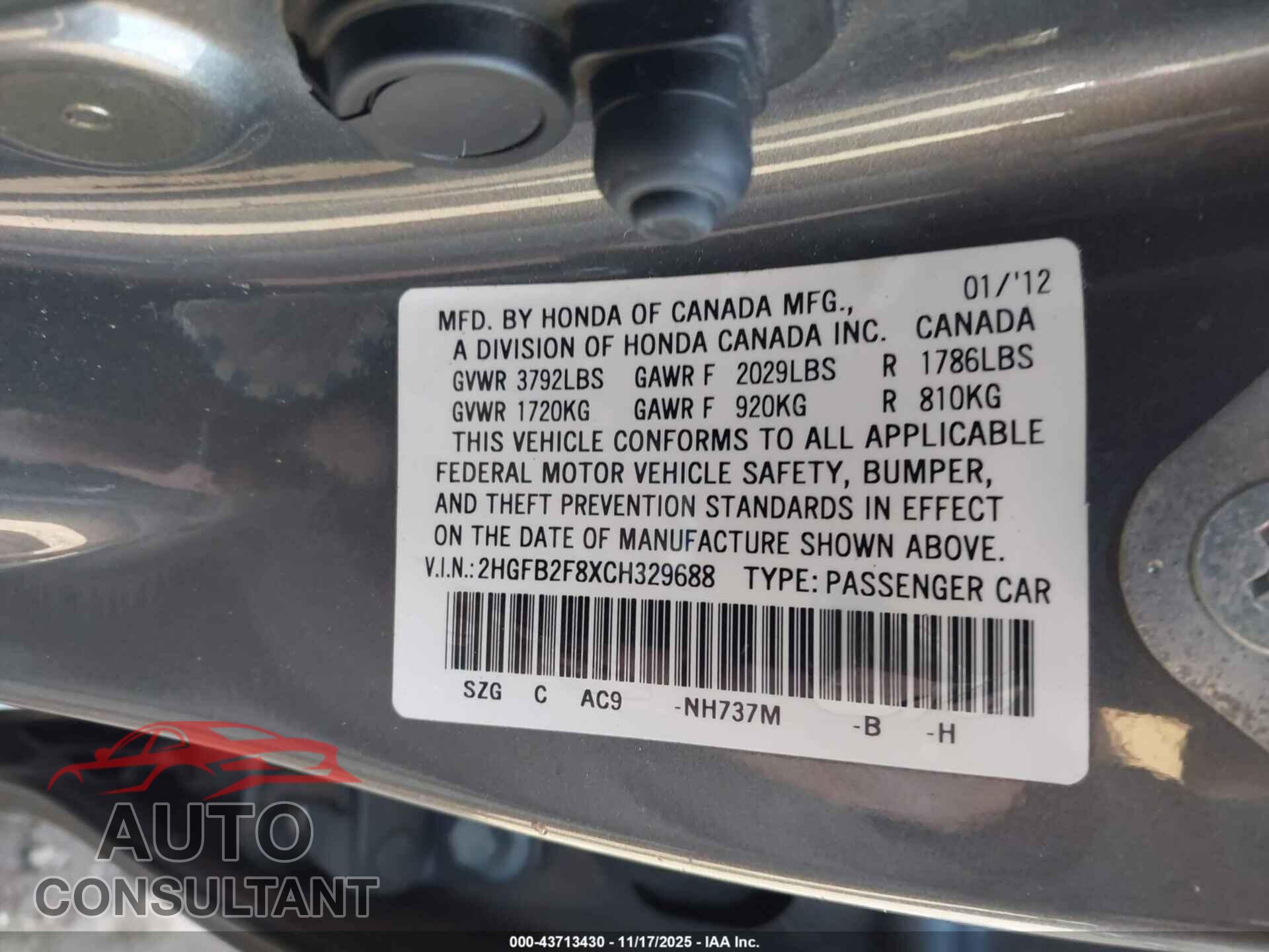 HONDA CIVIC 2012 - 2HGFB2F8XCH329688