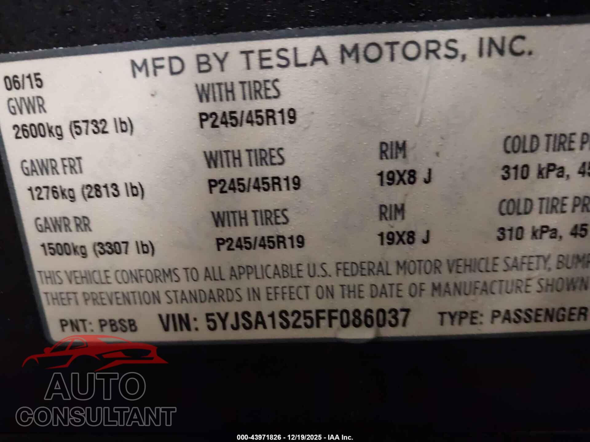 TESLA MODEL S 2015 - 5YJSA1S25FF086037