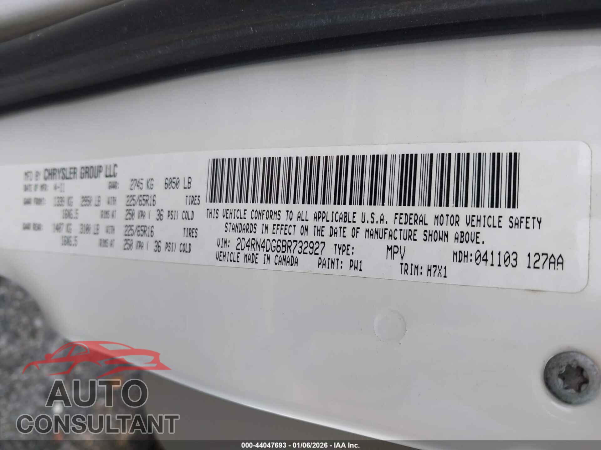 DODGE GRAND CARAVAN 2011 - 2D4RN4DG6BR732927
