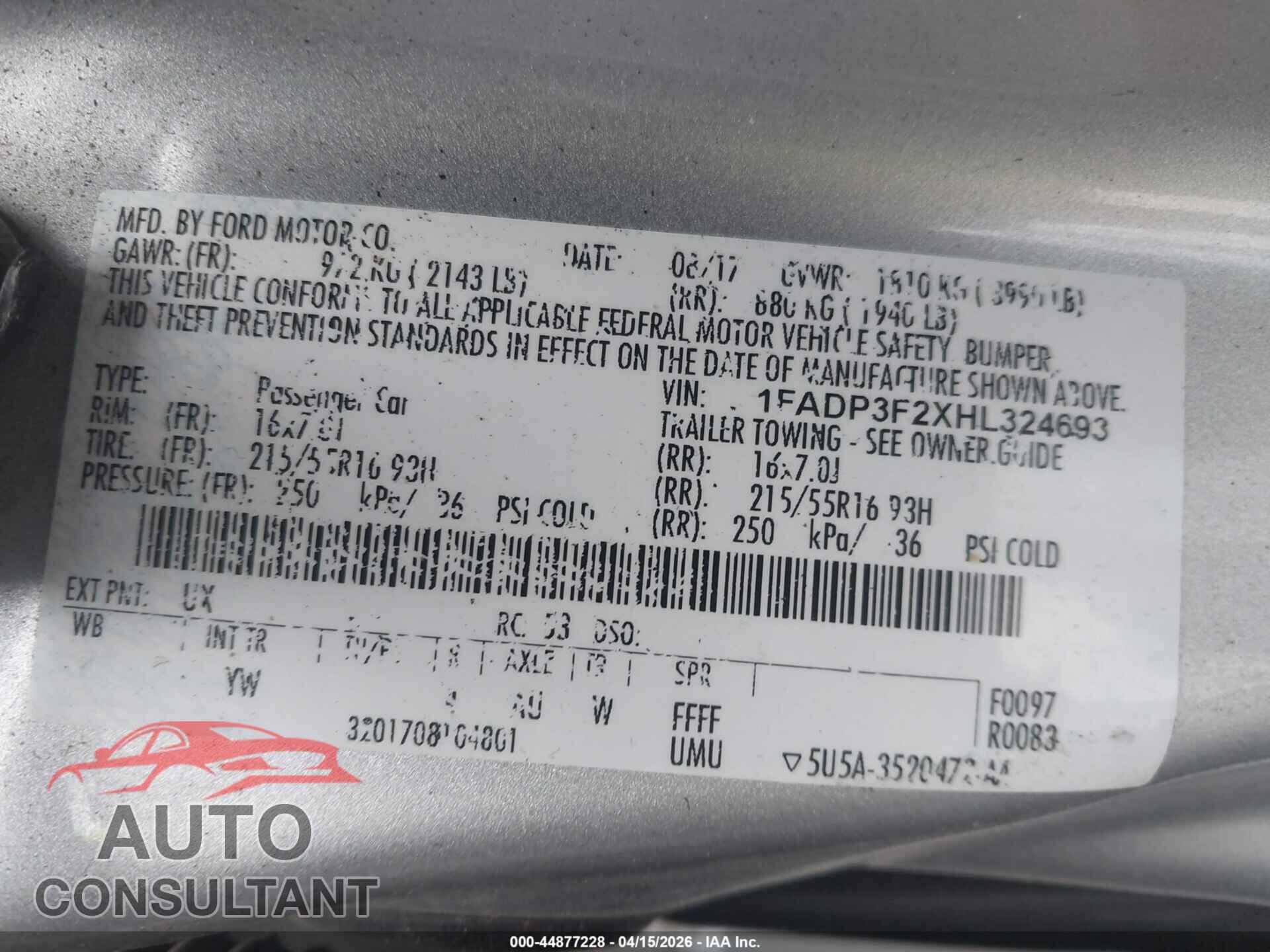 FORD FOCUS 2017 - 1FADP3F2XHL324693