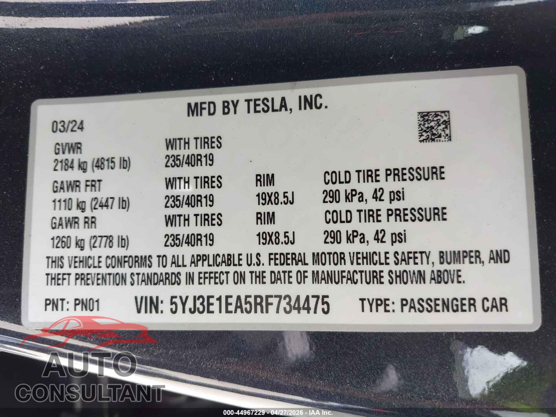 TESLA MODEL 3 2024 - 5YJ3E1EA5RF734475
