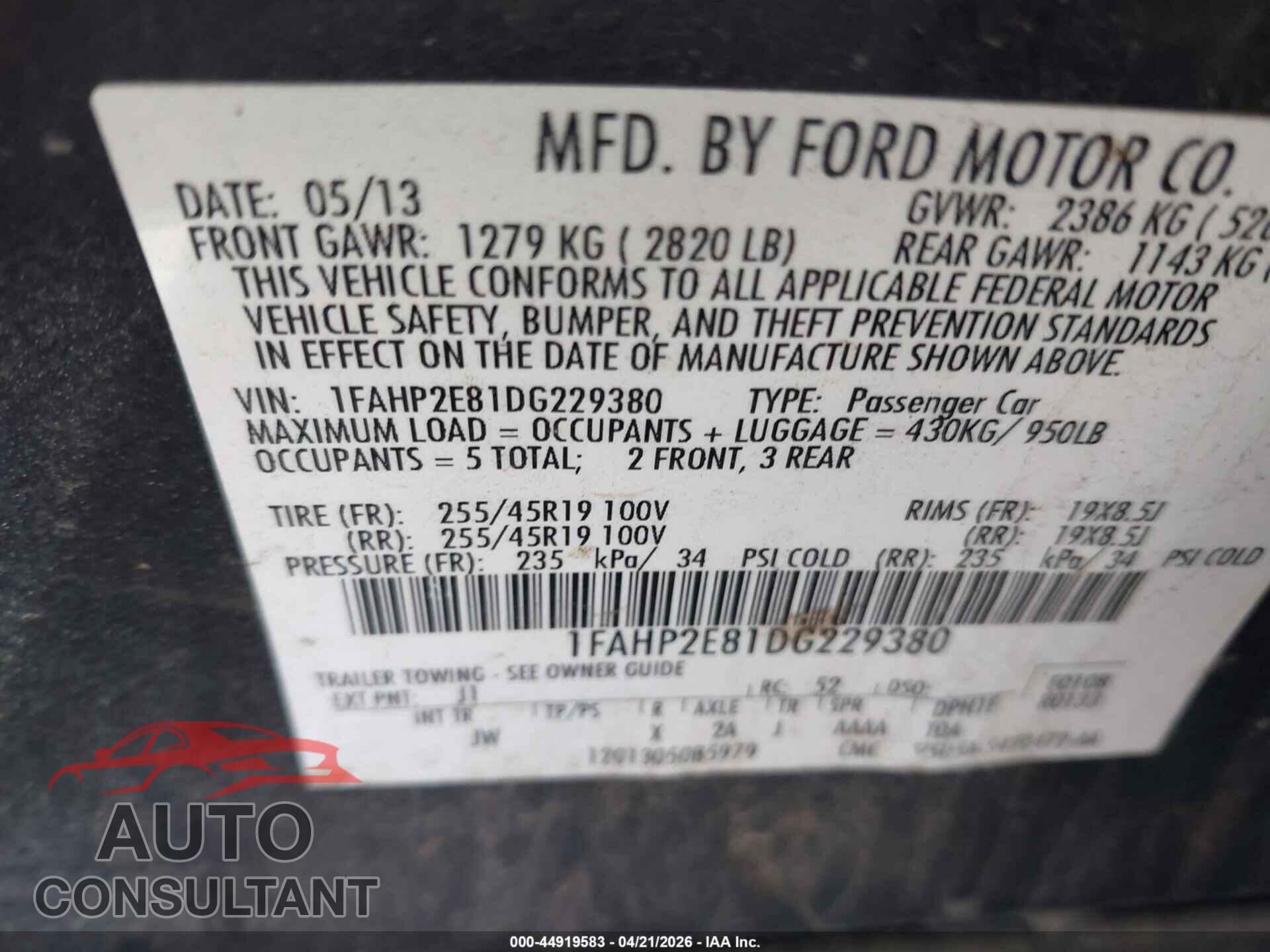 FORD TAURUS 2013 - 1FAHP2E81DG229380