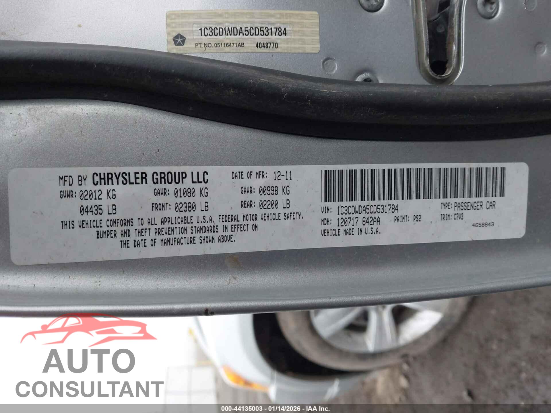 DODGE CALIBER 2012 - 1C3CDWDA5CD531784