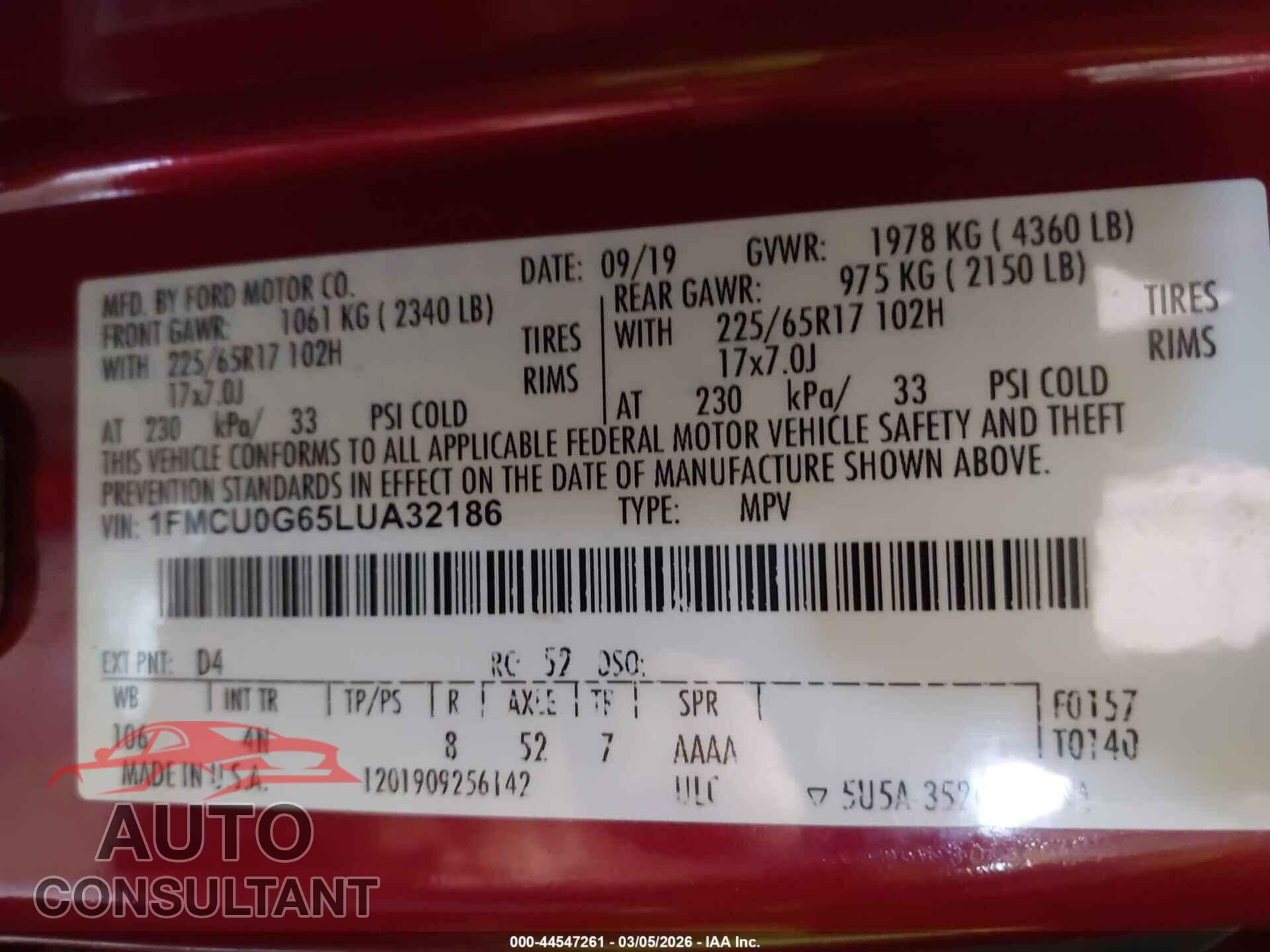 FORD ESCAPE 2020 - 1FMCU0G65LUA32186