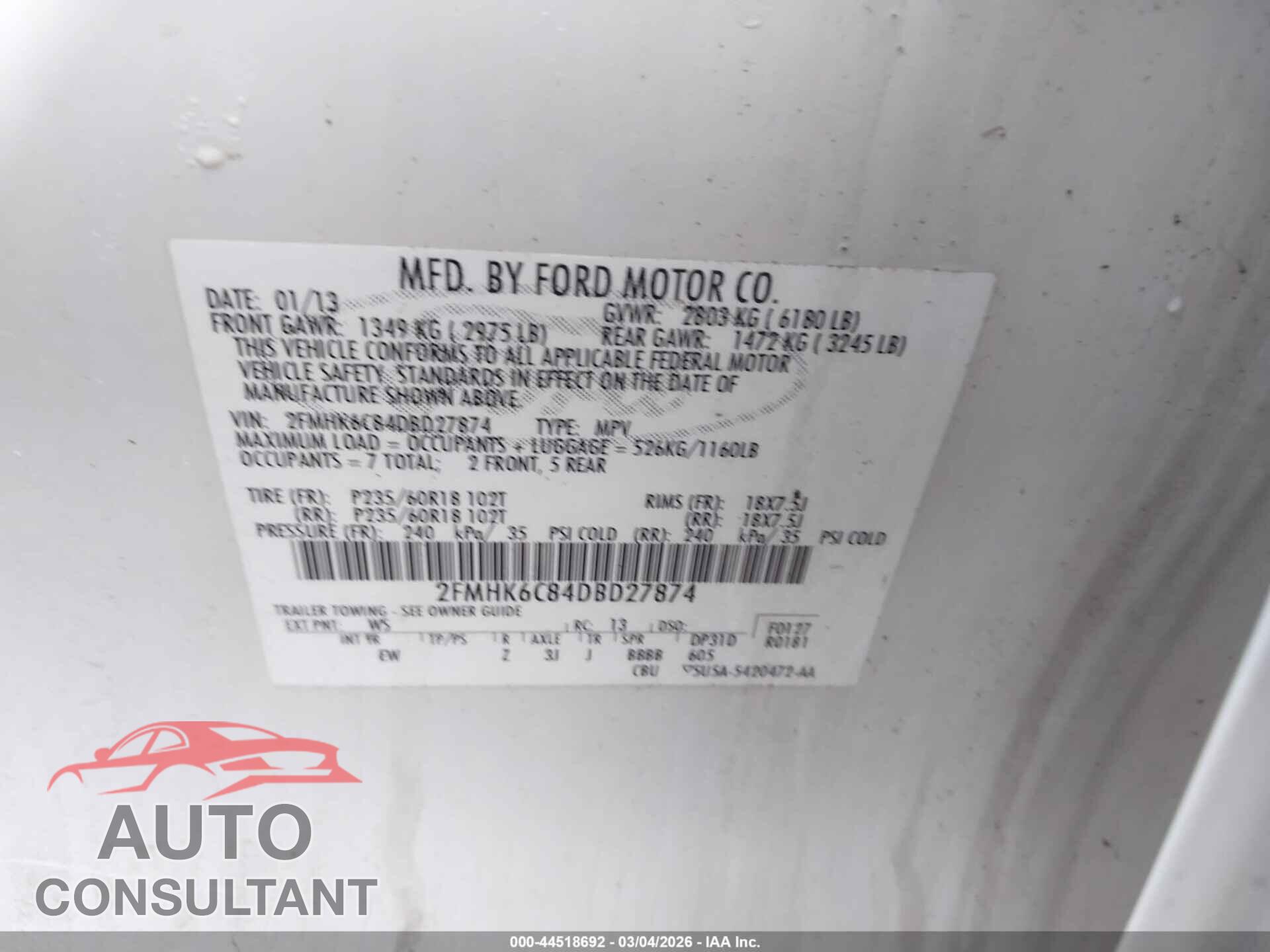 FORD FLEX 2013 - 2FMHK6C84DBD27874