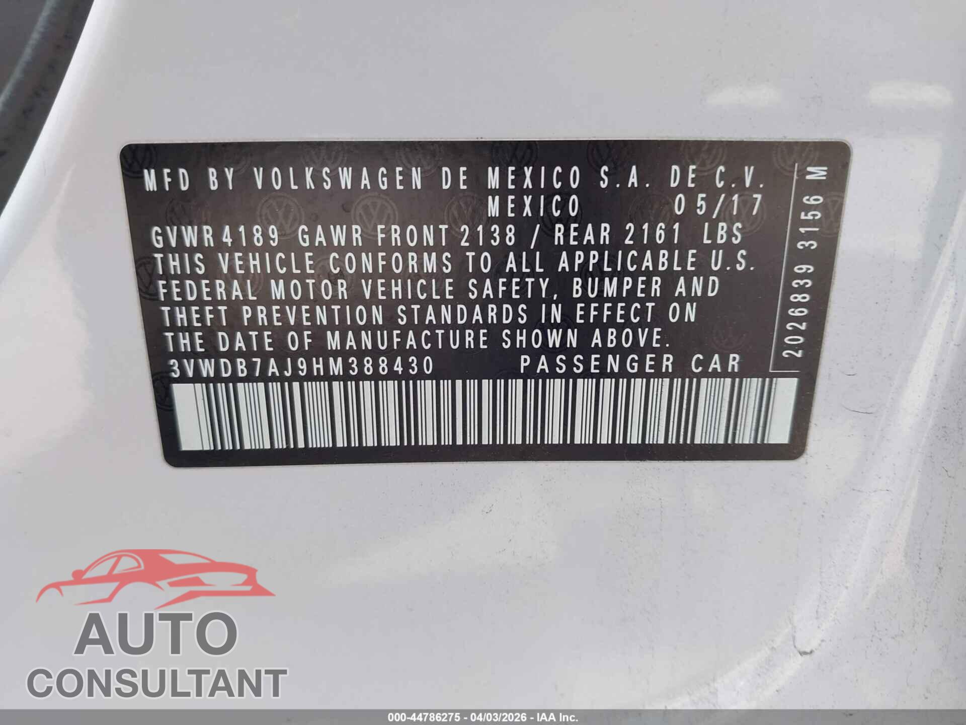 VOLKSWAGEN JETTA 2017 - 3VWDB7AJ9HM388430