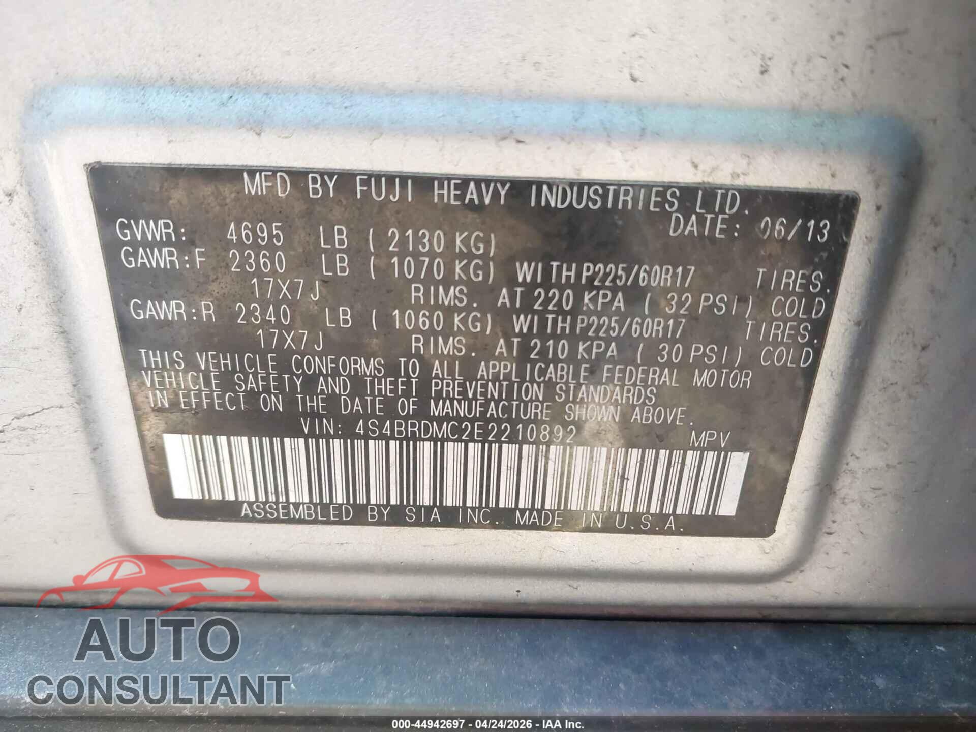 SUBARU OUTBACK 2014 - 4S4BRDMC2E2210892