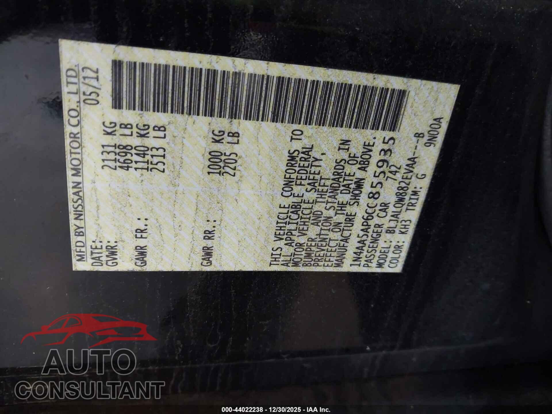 NISSAN MAXIMA 2012 - 1N4AA5AP6CC855935