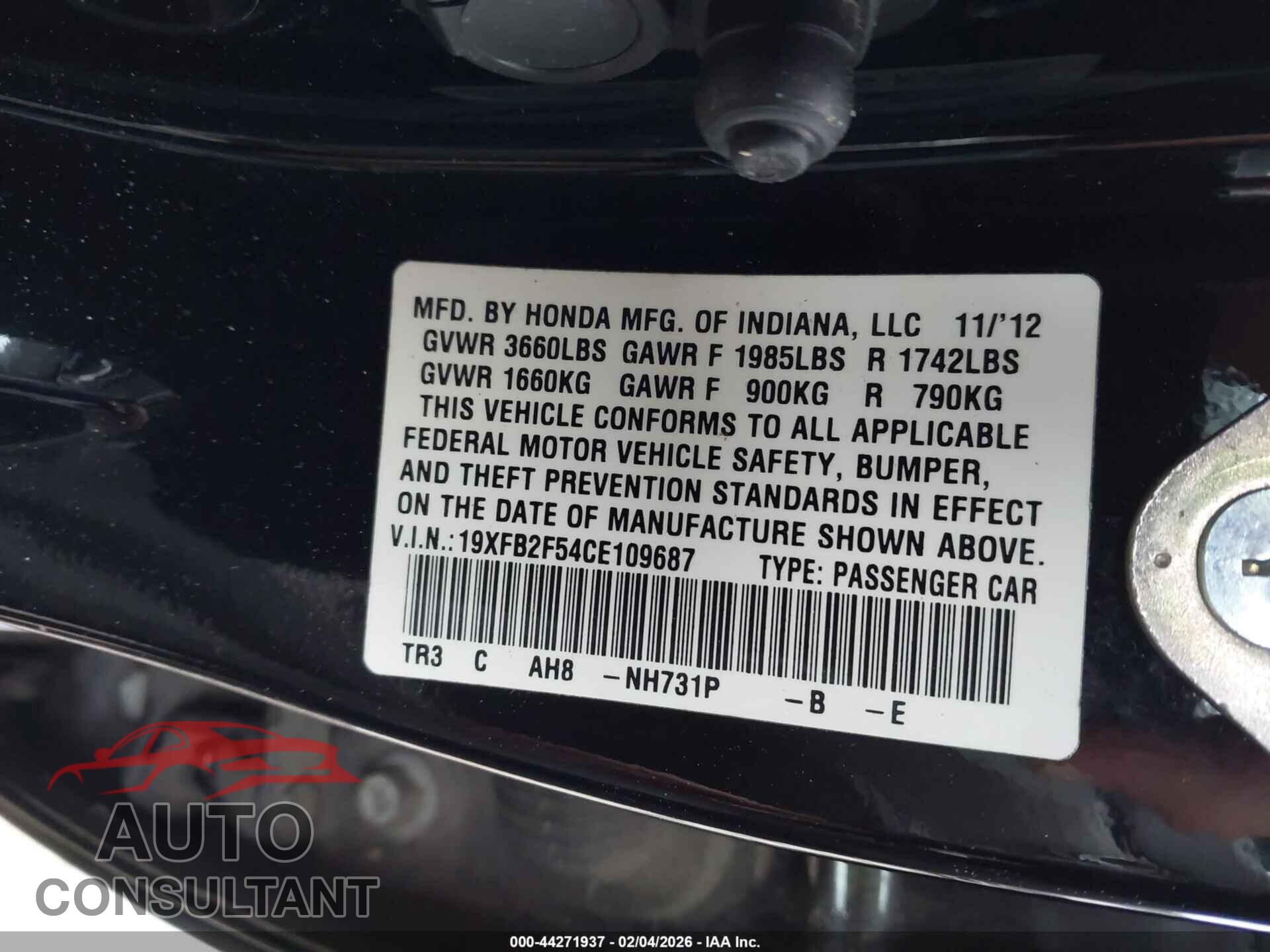 HONDA CIVIC 2012 - 19XFB2F54CE109687
