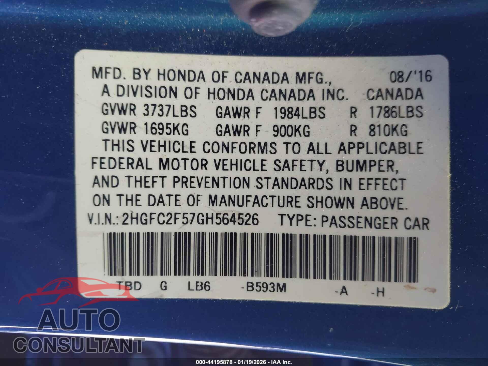 HONDA CIVIC 2016 - 2HGFC2F57GH564526