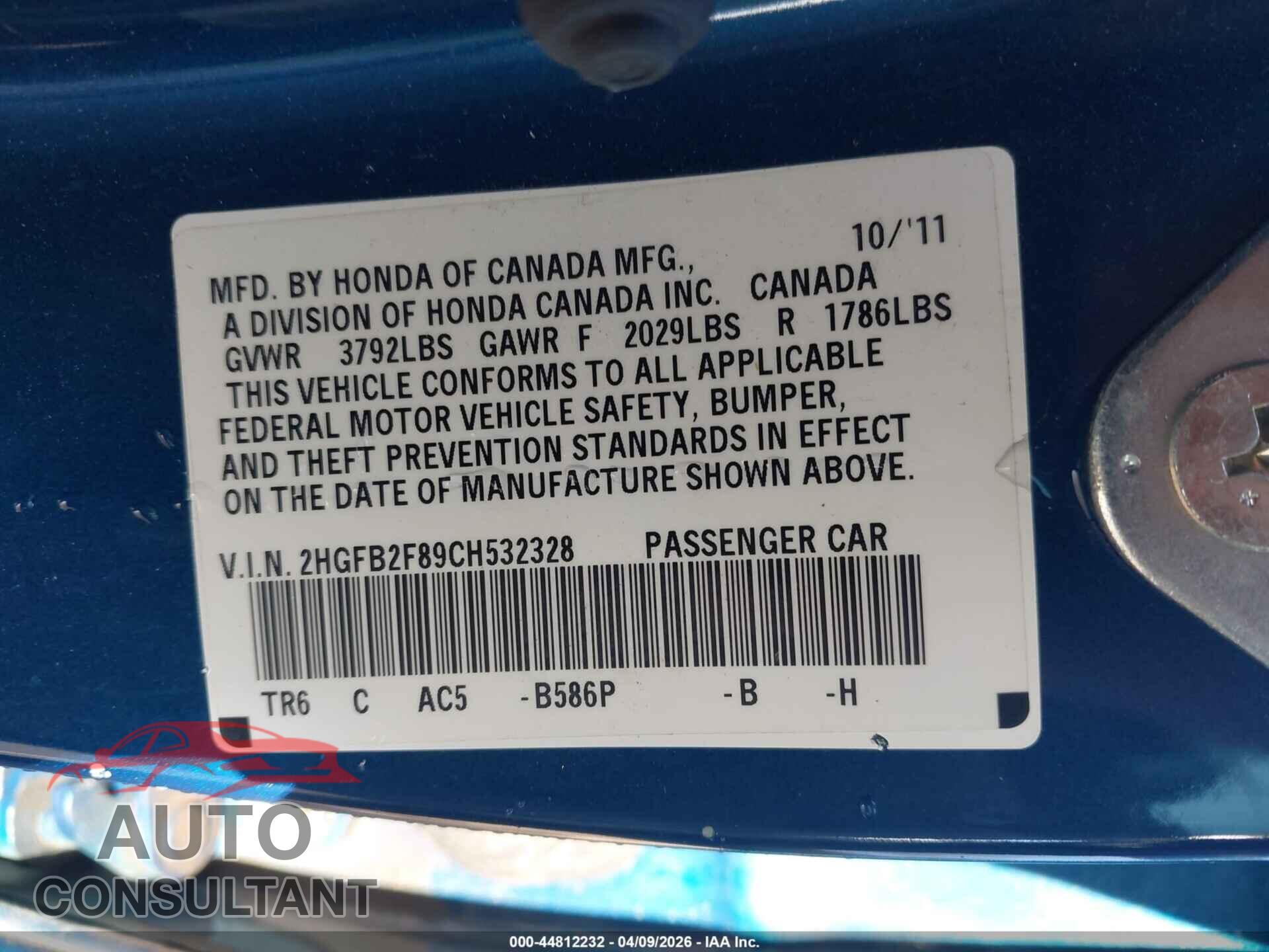 HONDA CIVIC 2012 - 2HGFB2F89CH532328