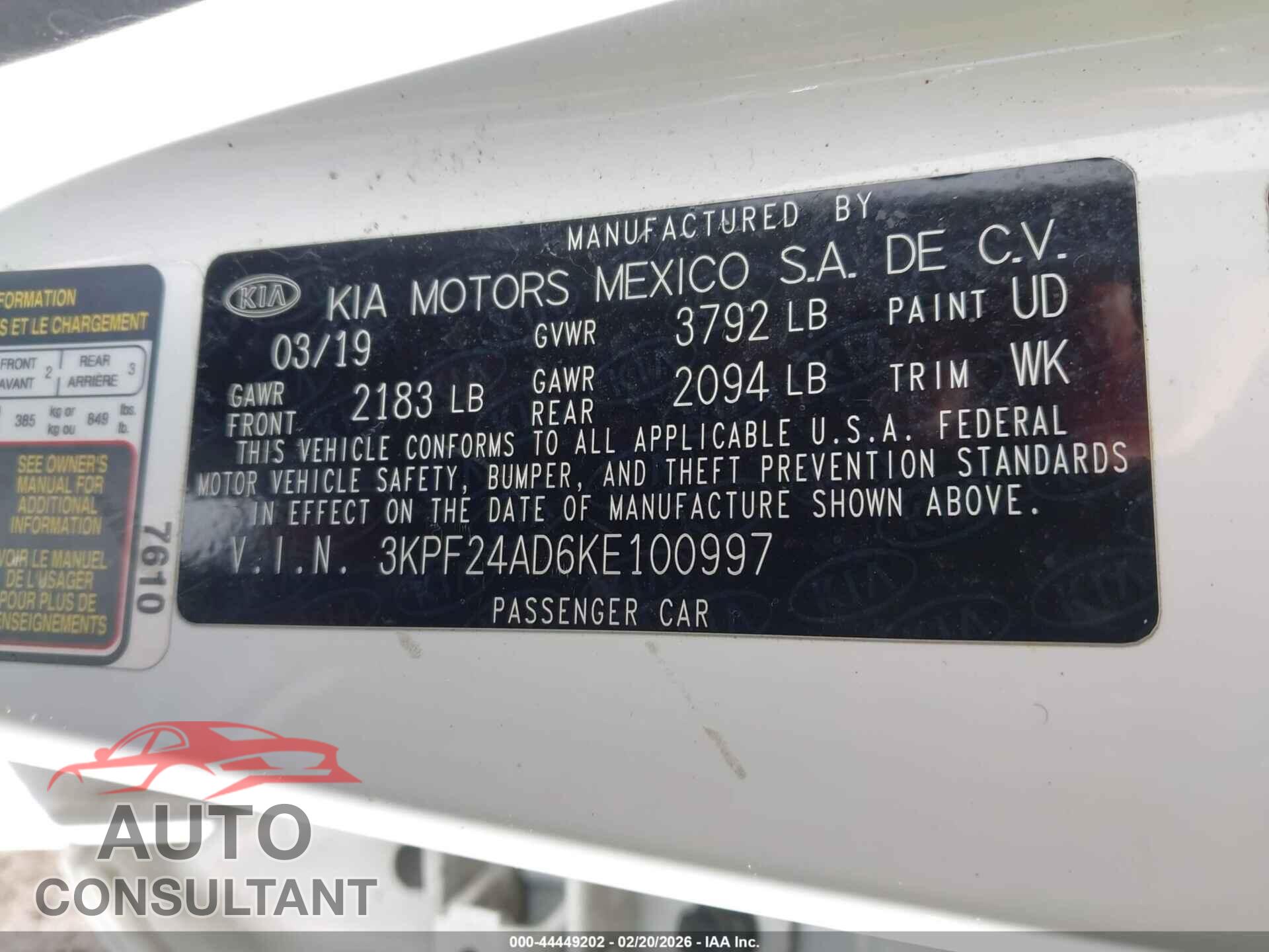 KIA FORTE 2019 - 3KPF24AD6KE100997