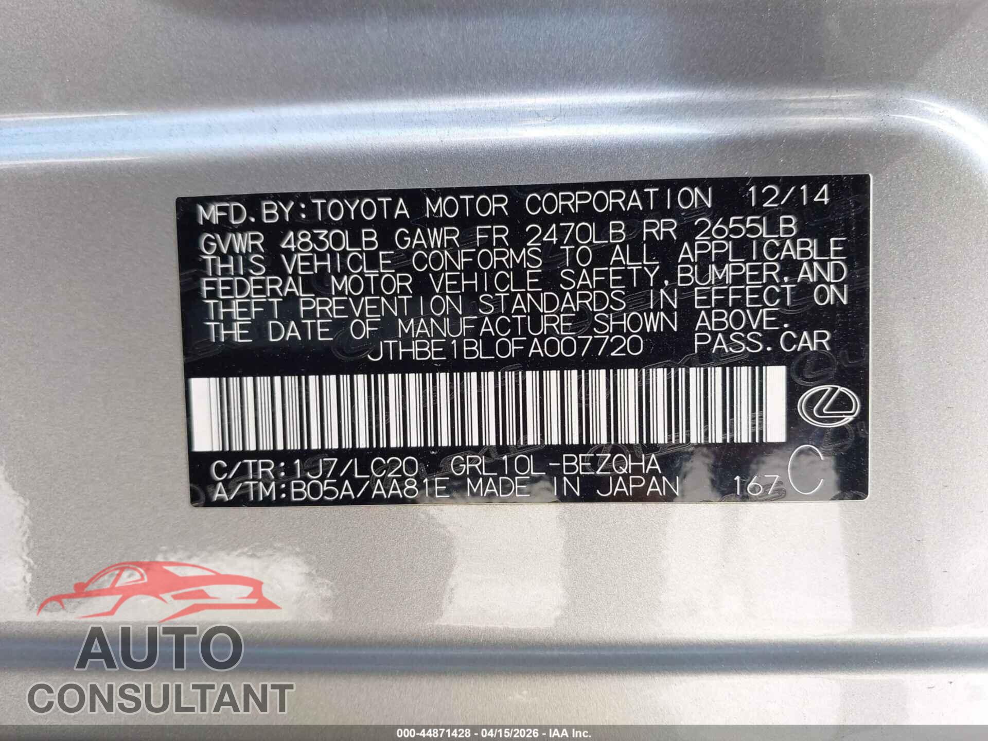 LEXUS GS 350 2015 - JTHBE1BL0FA007720