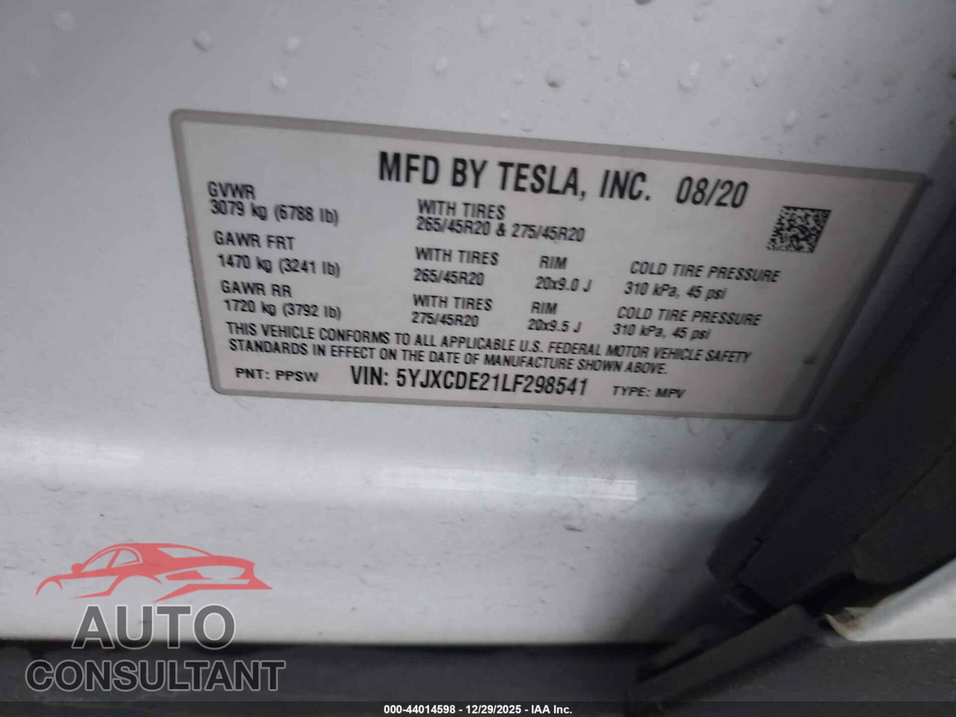 TESLA MODEL X 2020 - 5YJXCDE21LF298541