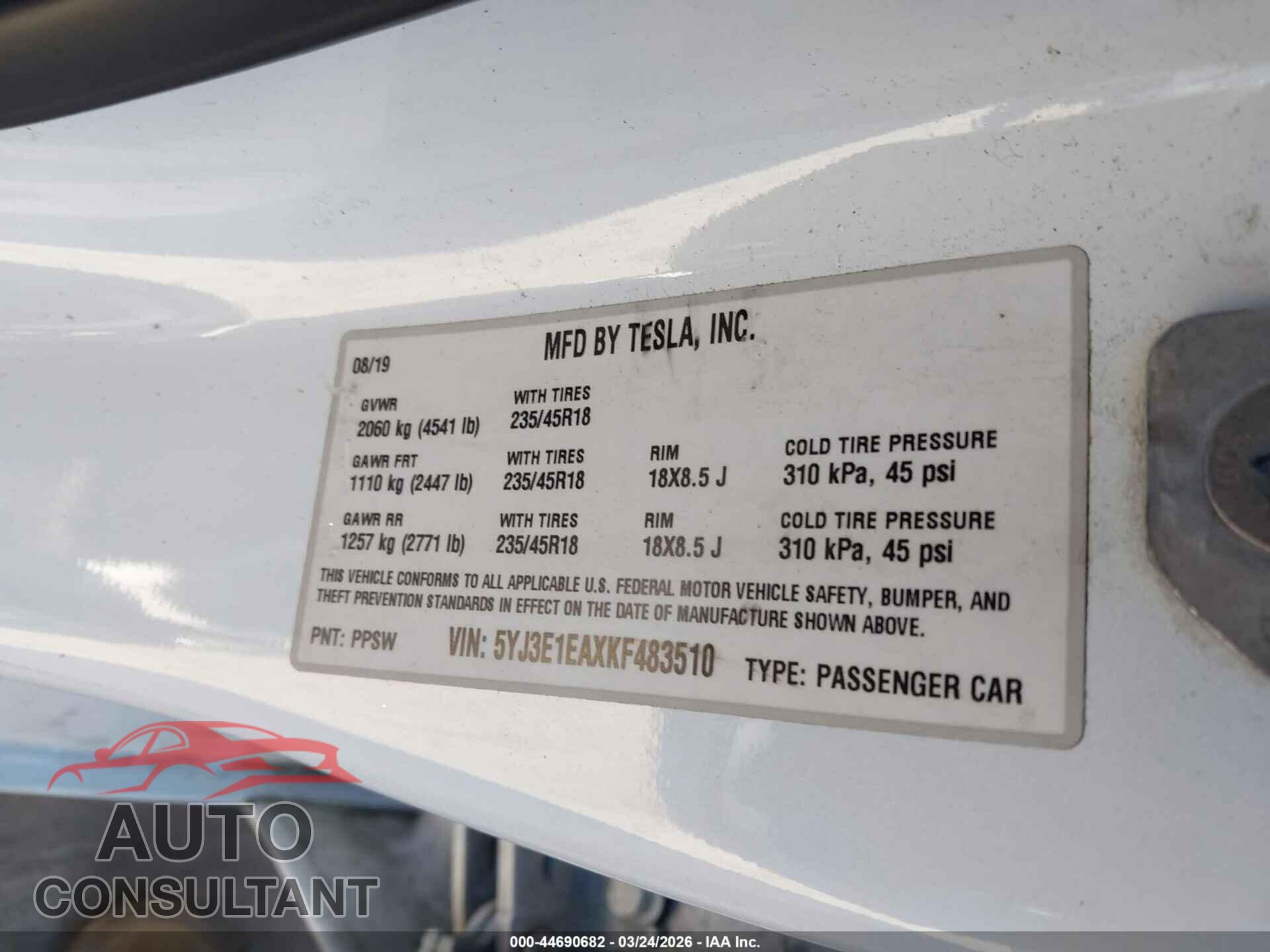 TESLA MODEL 3 2019 - 5YJ3E1EAXKF483510