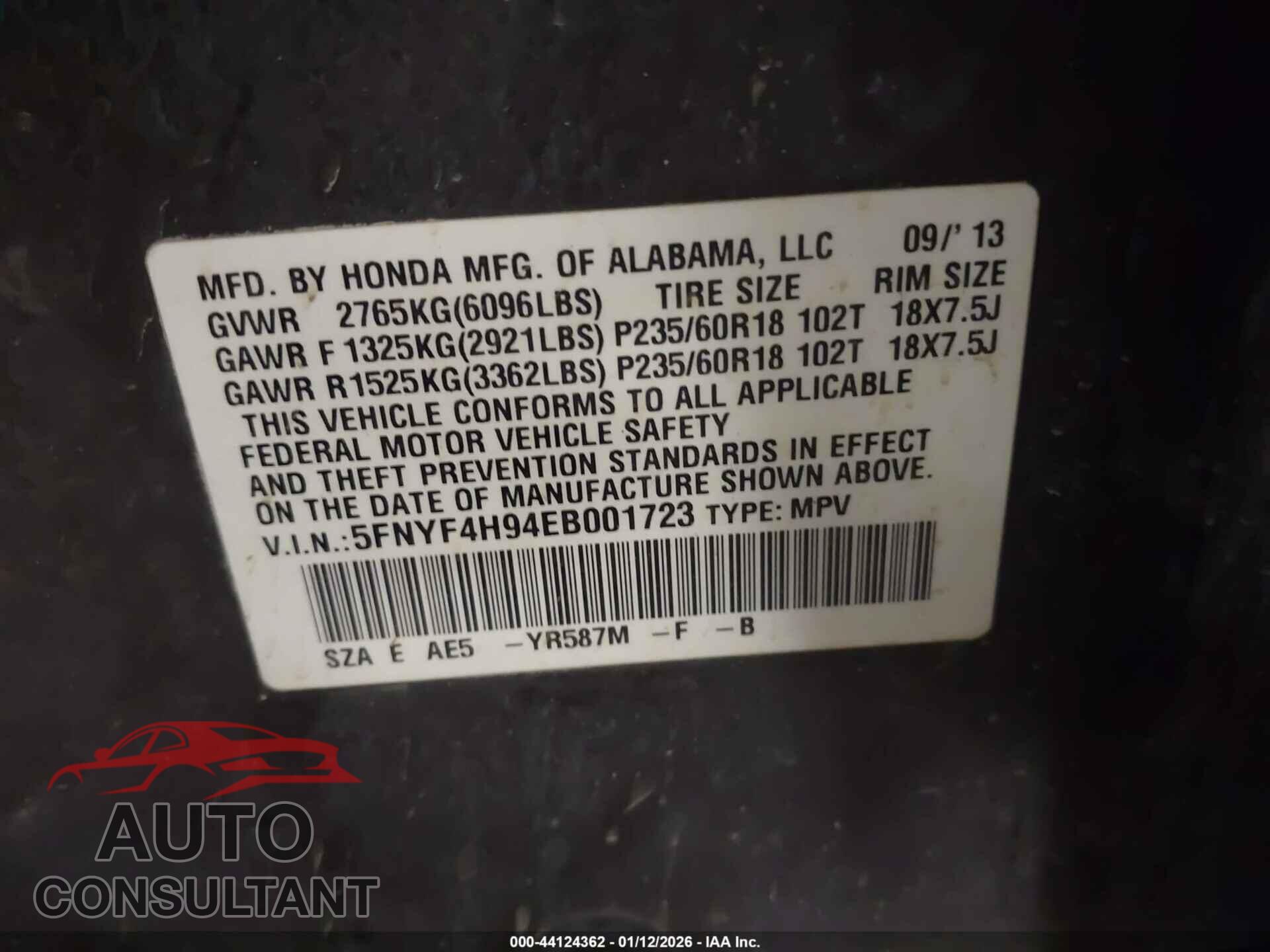 HONDA PILOT 2014 - 5FNYF4H94EB001723