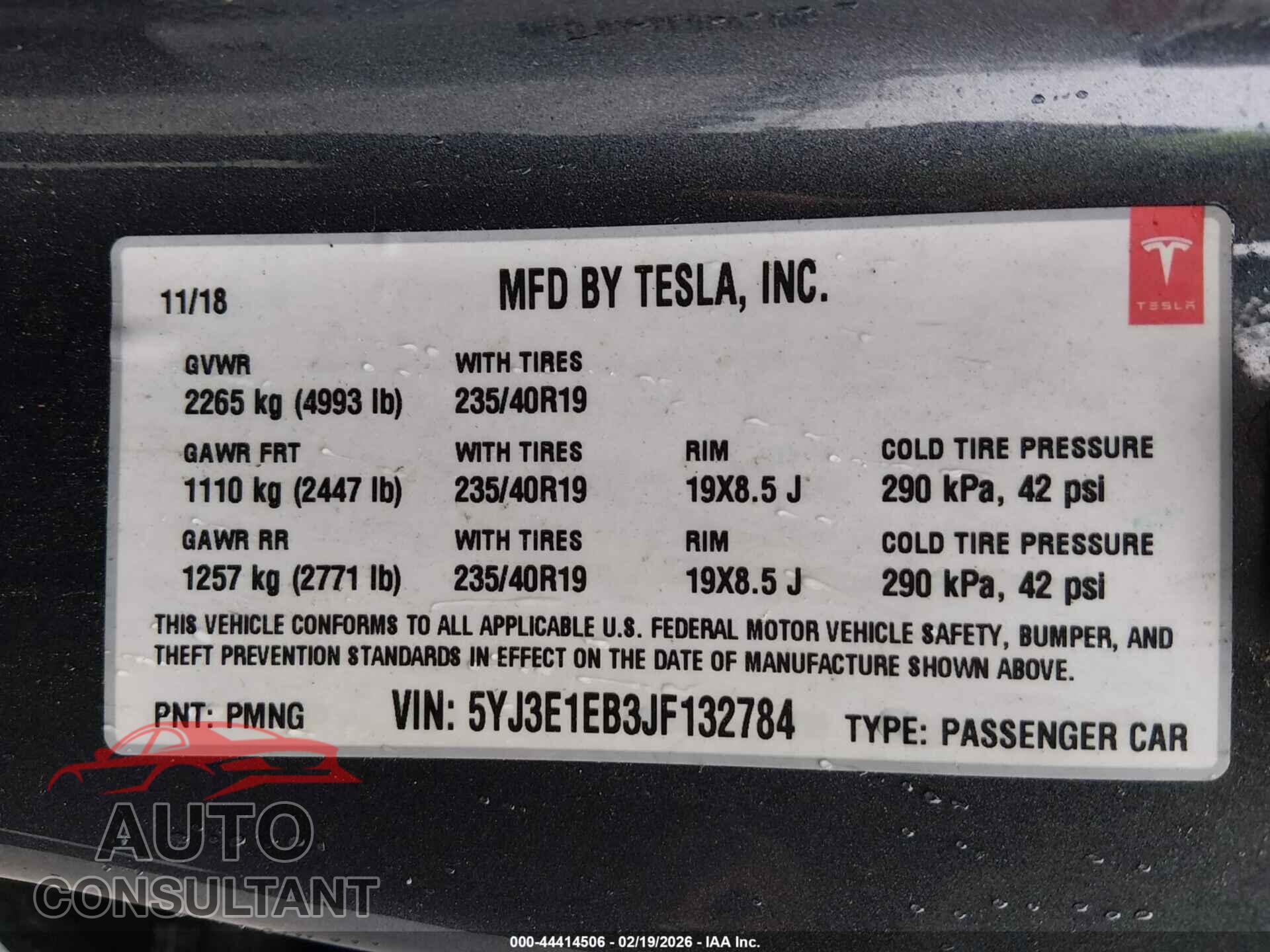 TESLA MODEL 3 2018 - 5YJ3E1EB3JF132784
