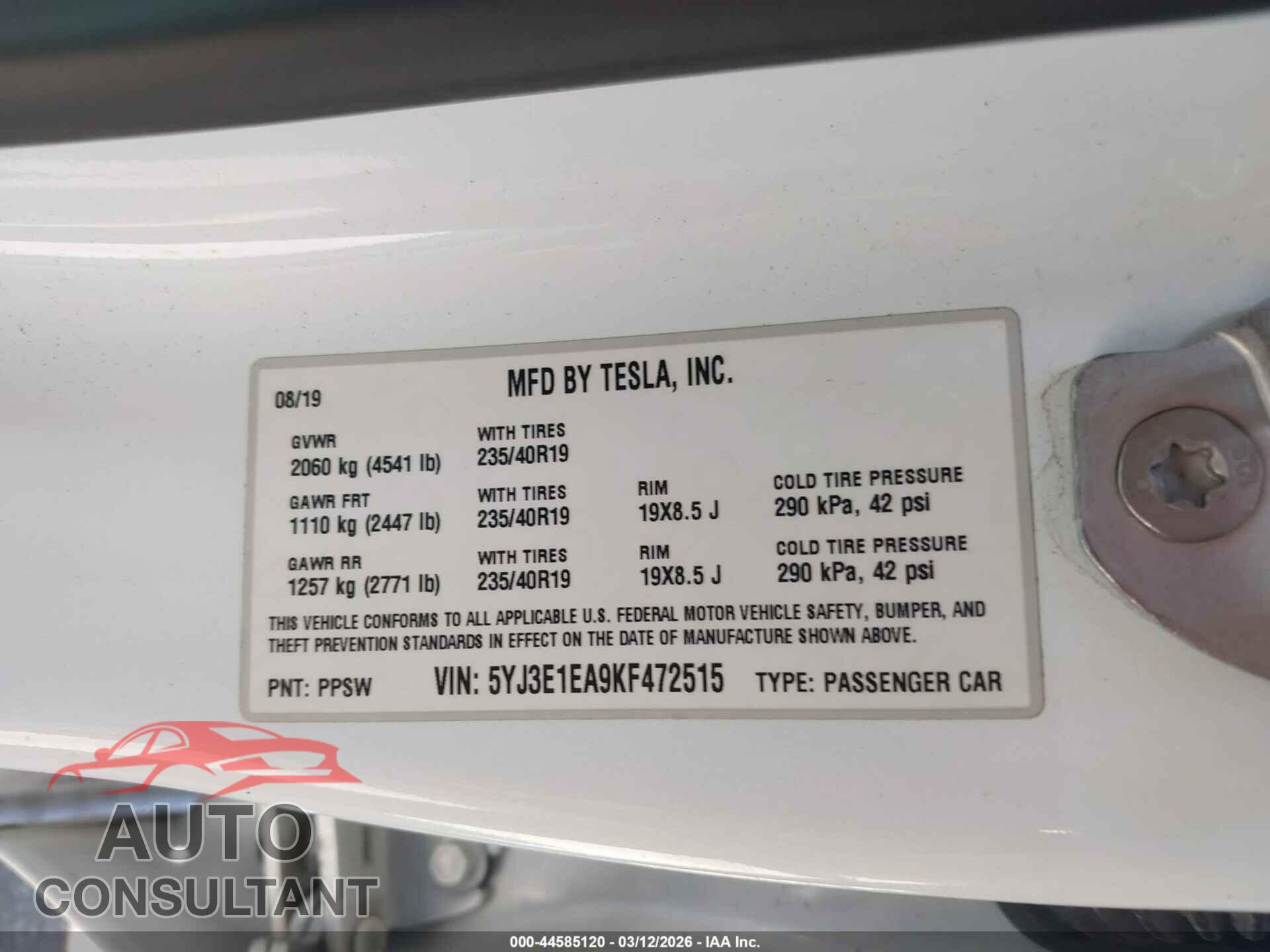 TESLA MODEL 3 2019 - 5YJ3E1EA9KF472515