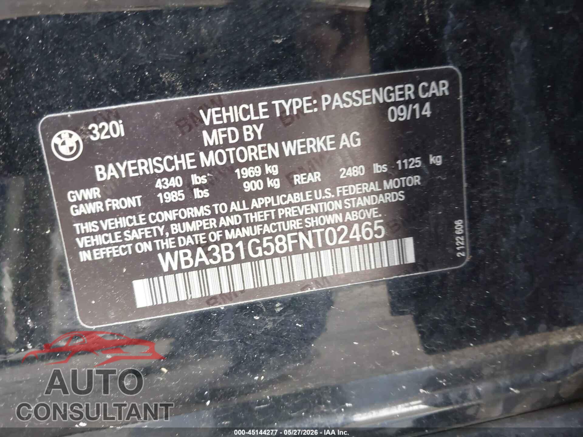 BMW 320I 2015 - WBA3B1G58FNT02465