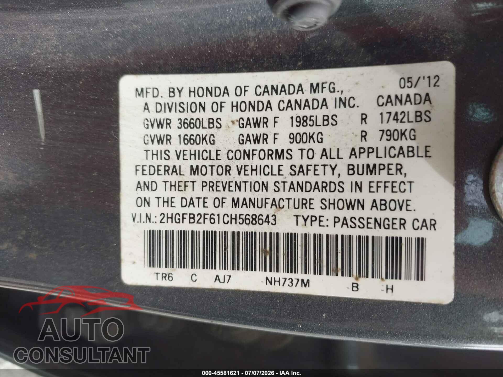 HONDA CIVIC 2012 - 2HGFB2F61CH568643