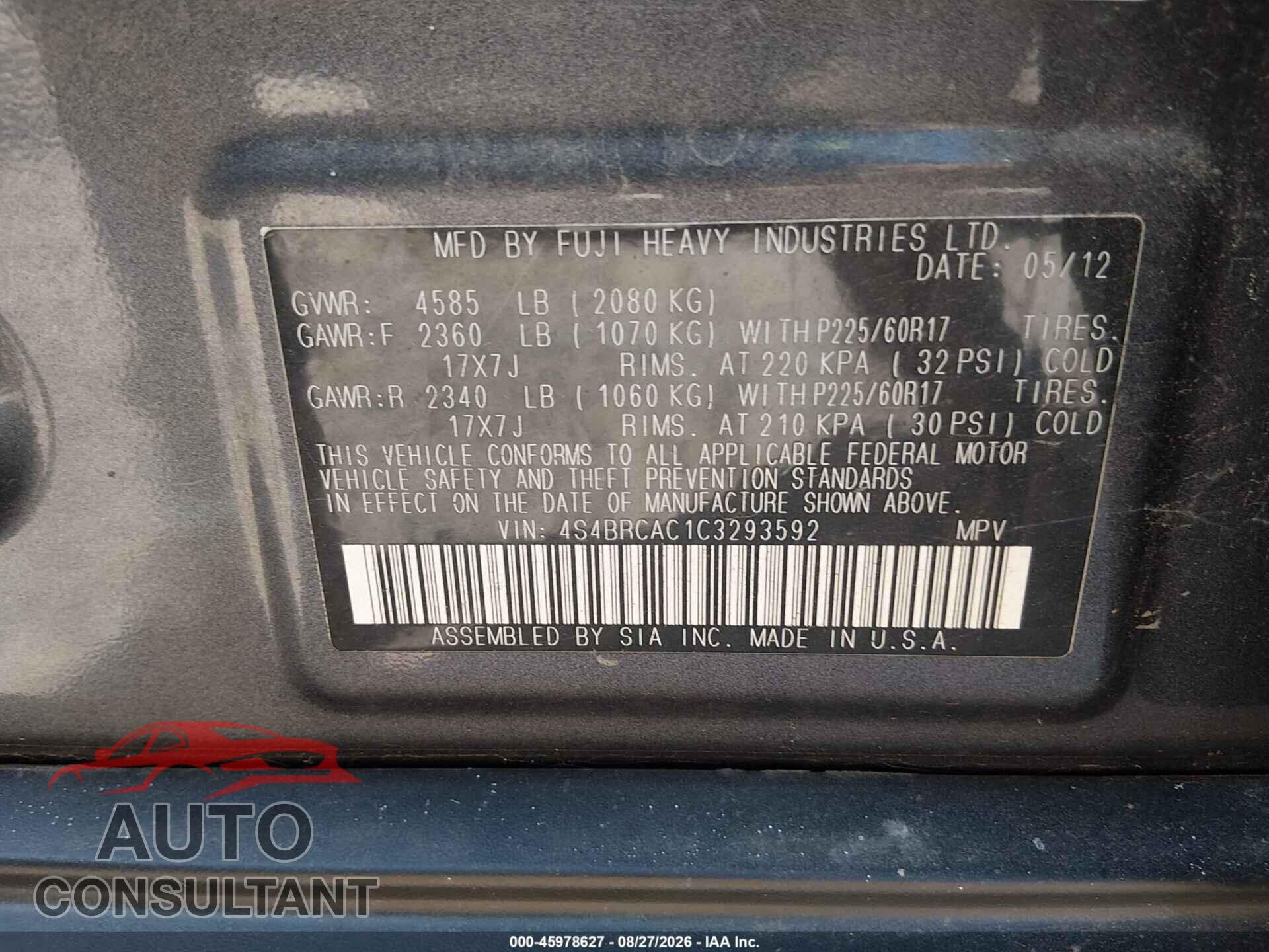 SUBARU OUTBACK 2012 - 4S4BRCAC1C3293592
